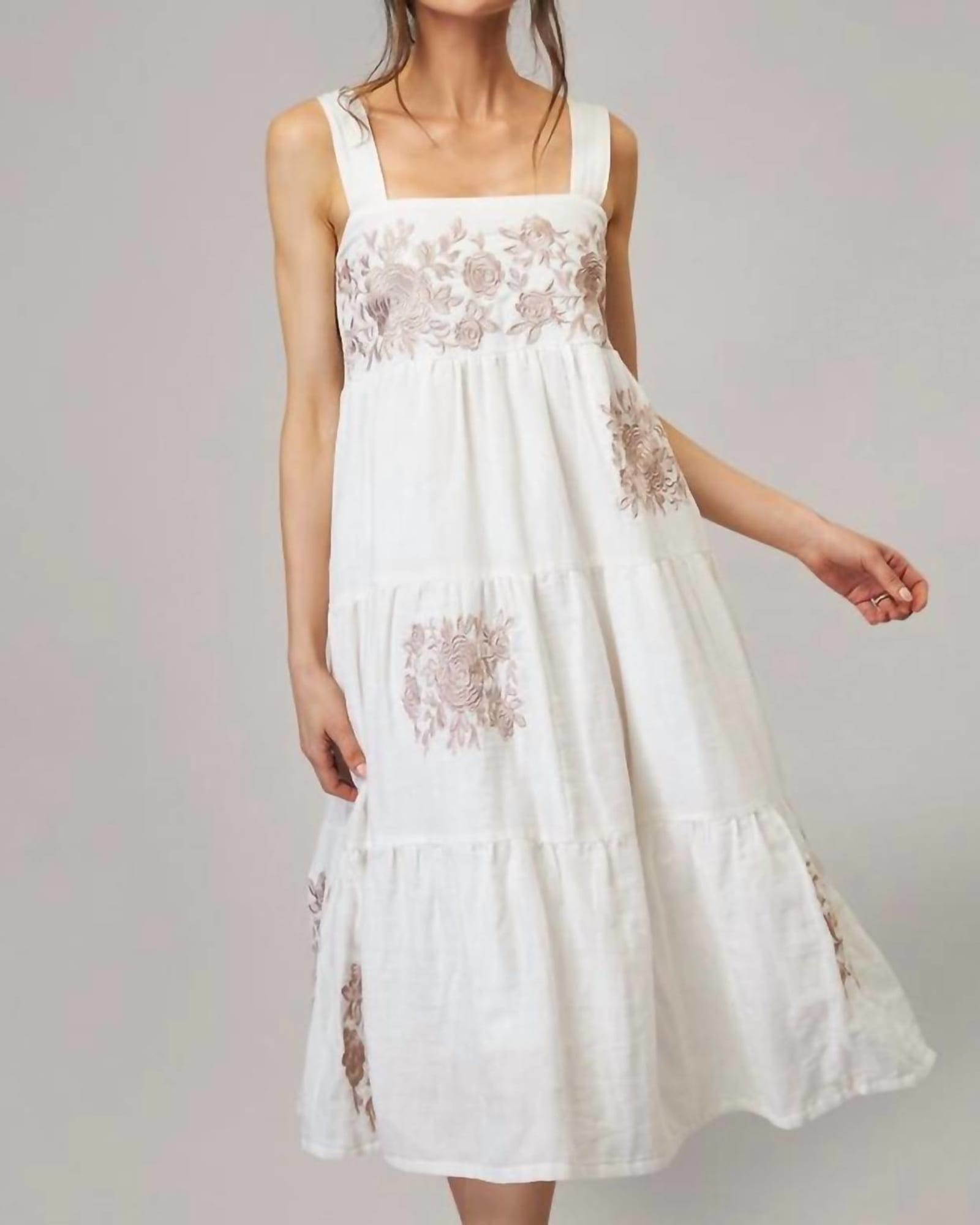 Shay Double Cotton Gauze Dress in Ivory With Tan Roses | Ivory With Tan Roses