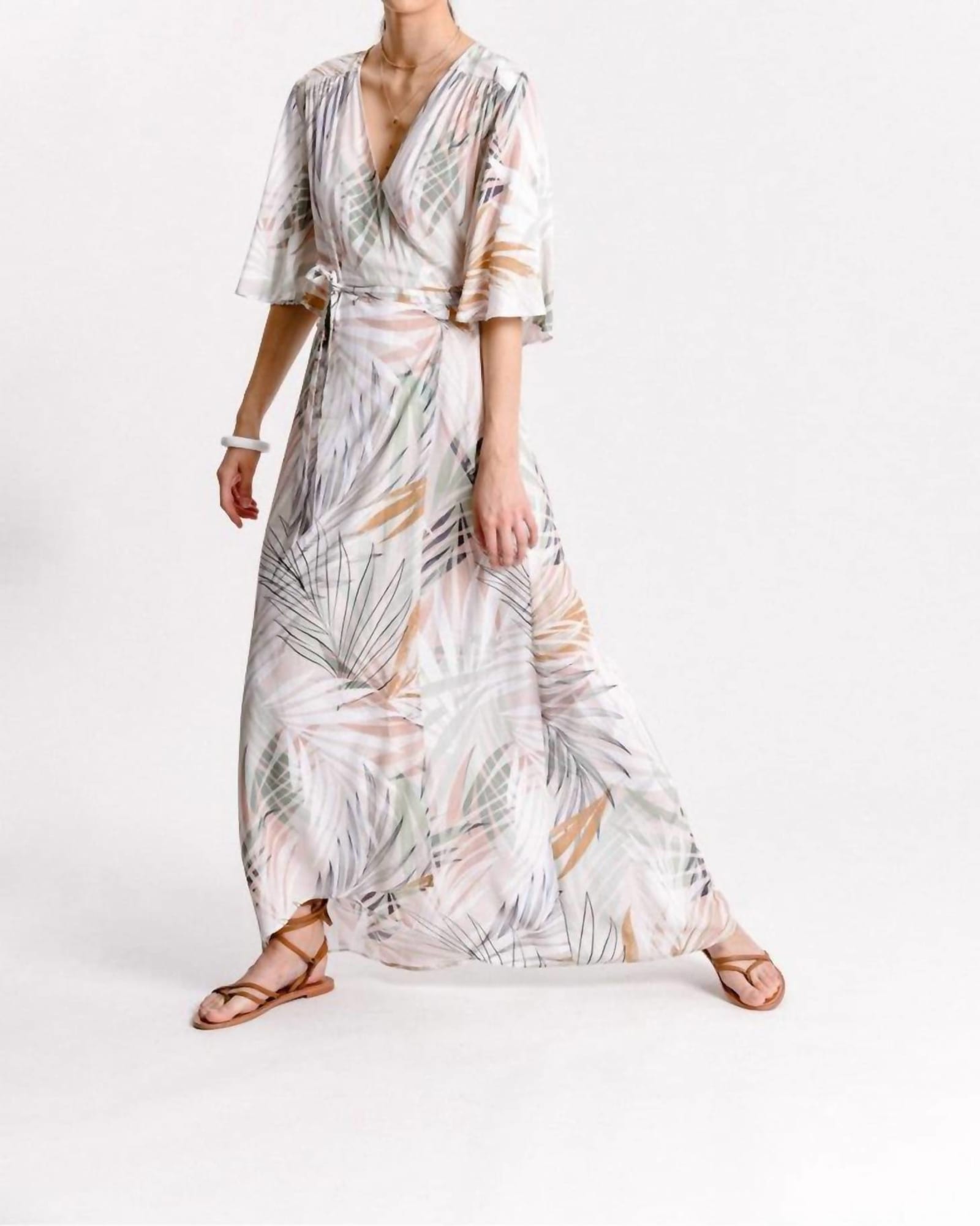 Printed Sunset Palm Wrap Dress in Beige Palm Beach | Beige Palm Beach