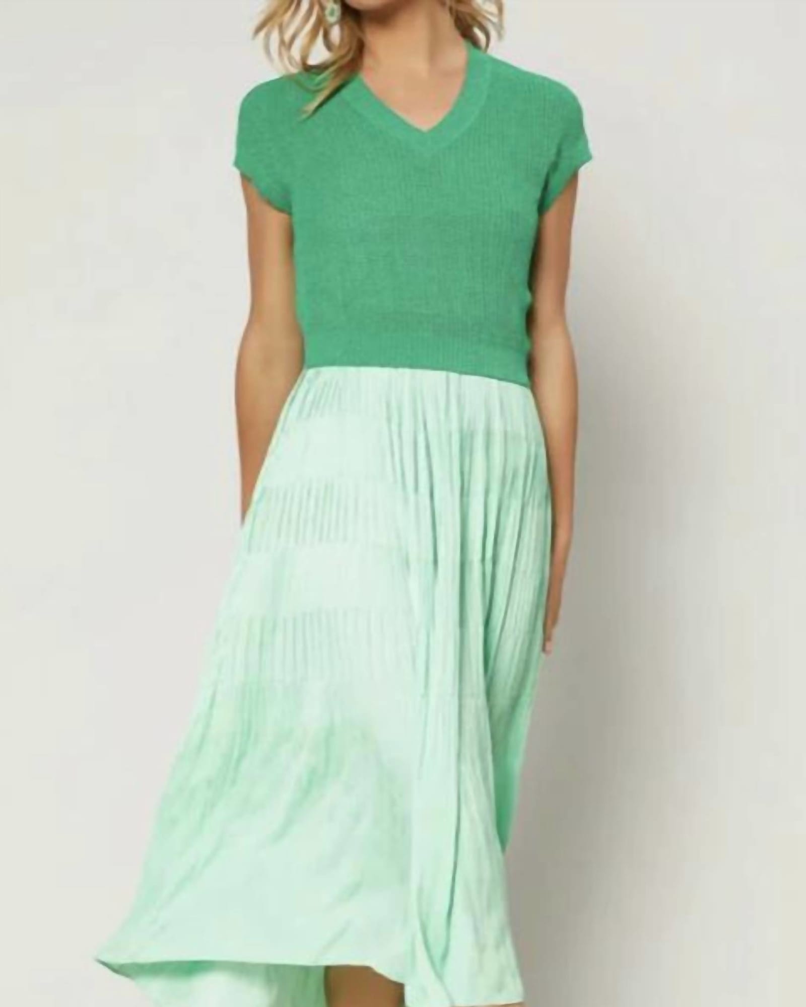 Cami Dress Sweater Set W/ Pleats On Skirt in Green | Green