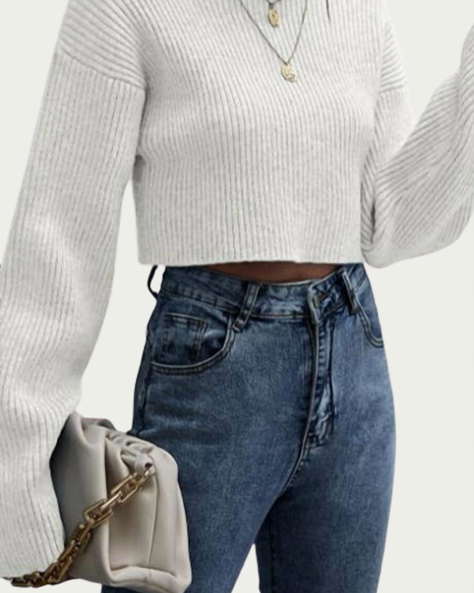 Ribbed-Knit Cropped Turtleneck Sweater in Ivory | Ivory