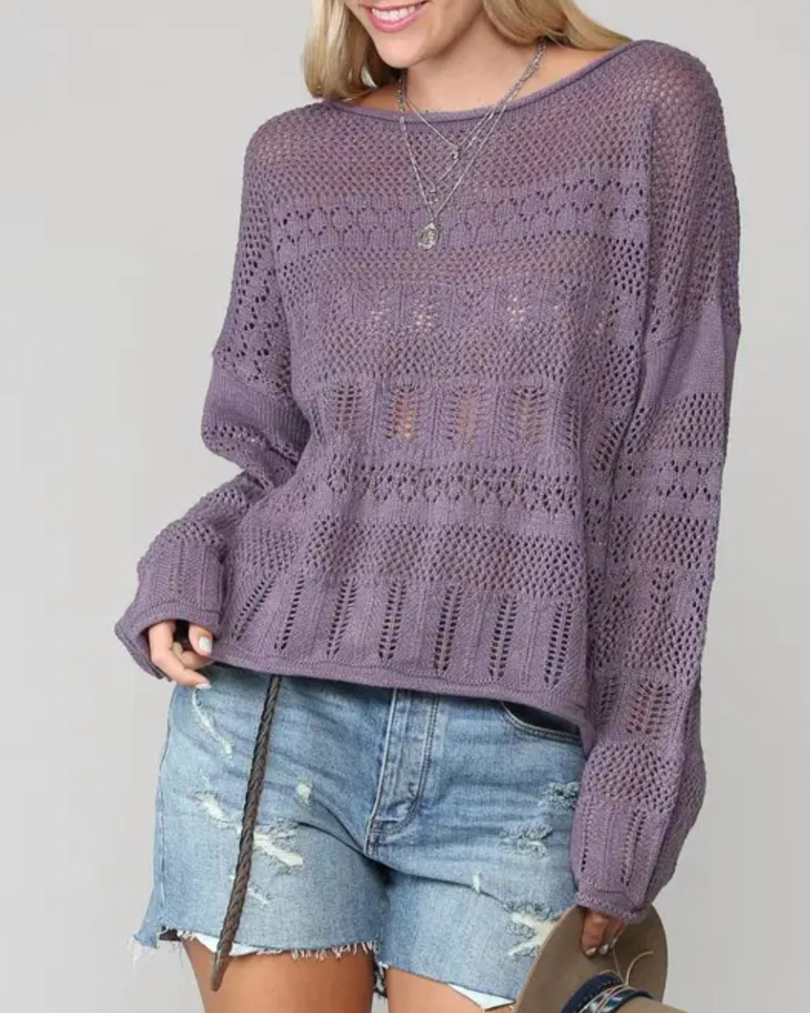 Open-Knit Cotton-Blend Sweater in Purple | Purple