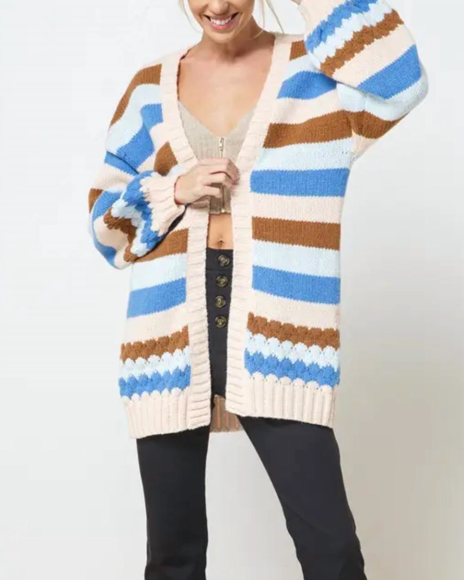 Multicolor Striped Open-Front Cardigan in Blue/Cream/Brown/Light Blue | Blue/Cream/Brown/Light Blue