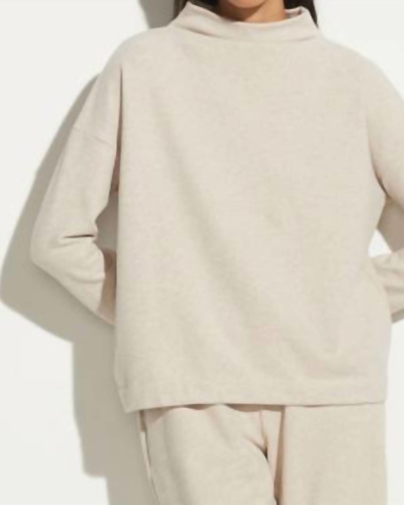 Dropped Shoulder Funnel Neck Pullover in White Sand | White Sand
