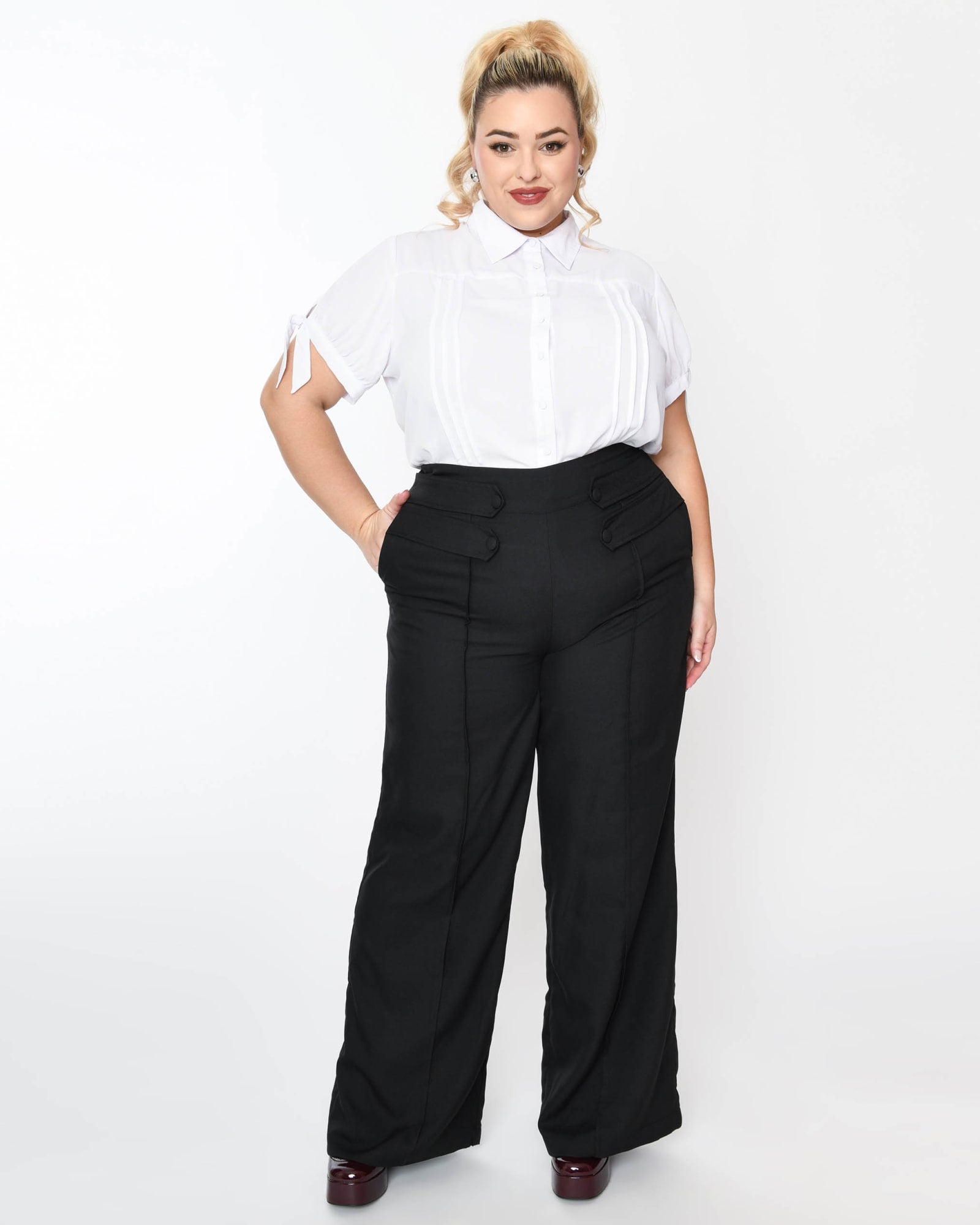 Unique Vintage Black High Waist Wide Leg Tab Pants | Black