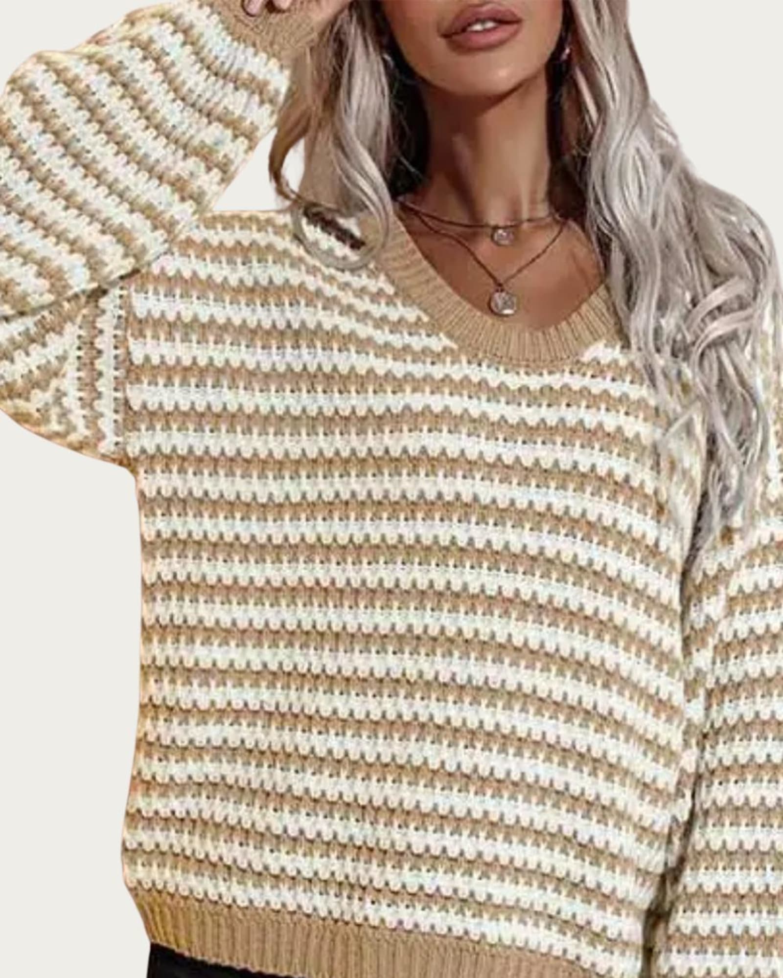 Striped V-Neck Knit Sweater in Khaki/White | Khaki/White