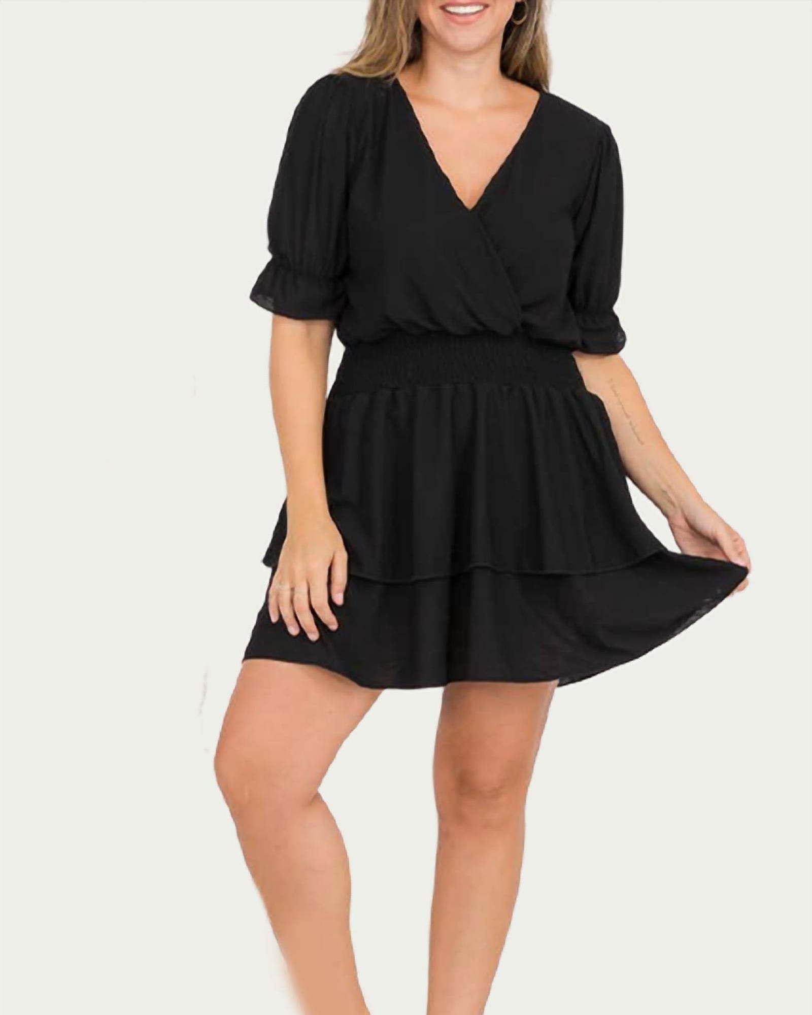 Smocked Surplice Woven Mini Dress in Black | Black