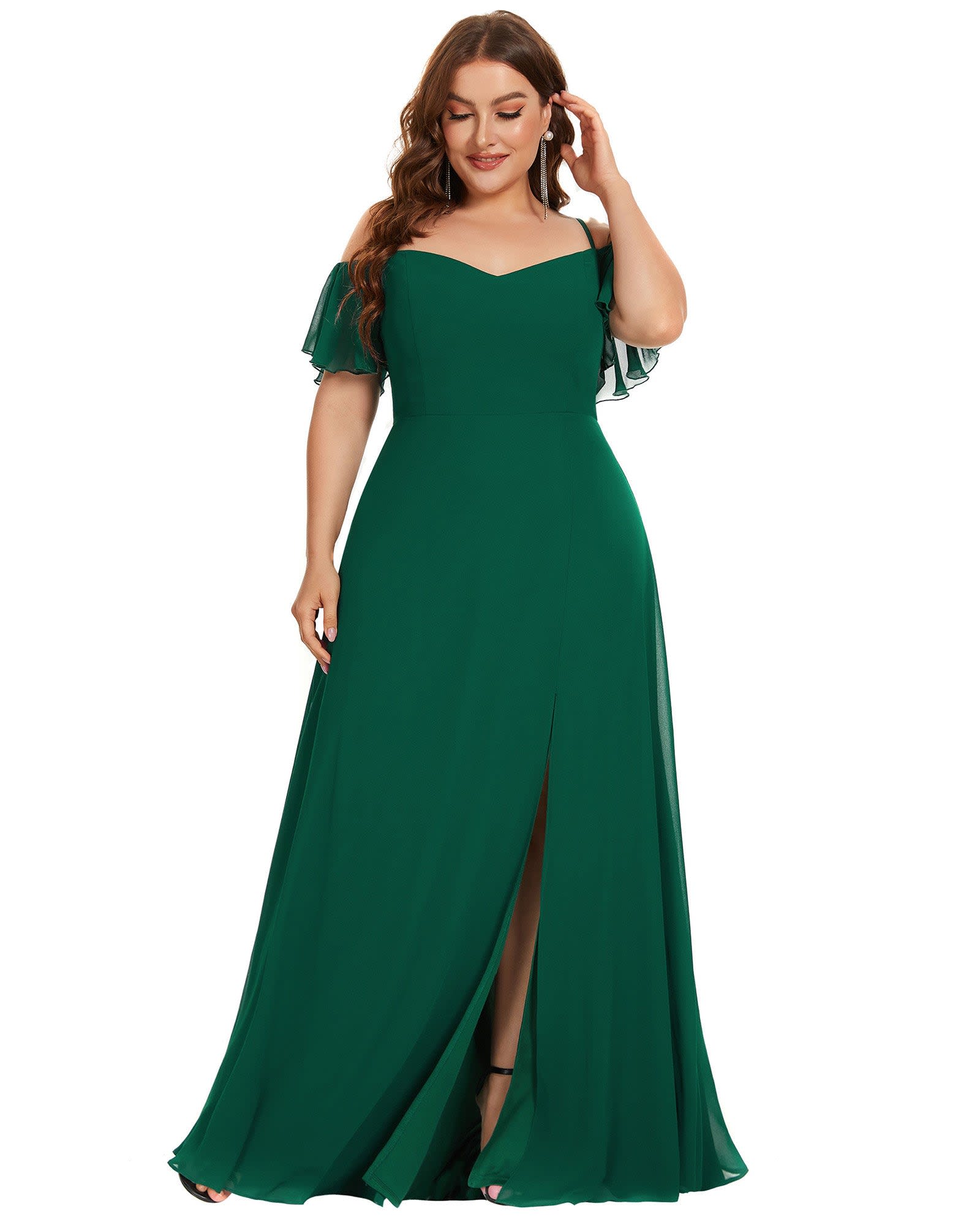 Stylish Cold Shoulder Flare Sleeves Flowy Bridesmaid Dress | Dark Green