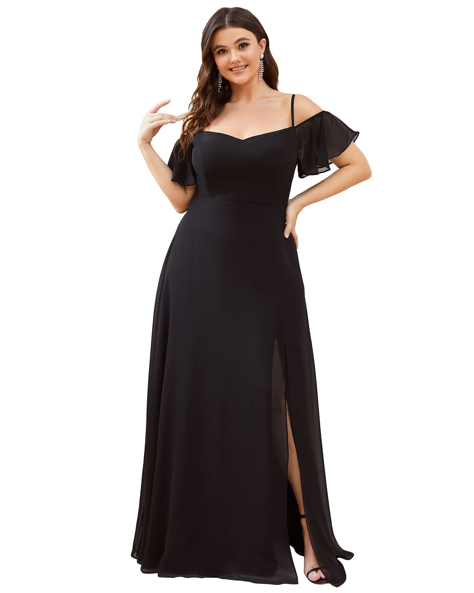 Stylish Cold Shoulder Flare Sleeves Flowy Bridesmaid Dress | Black