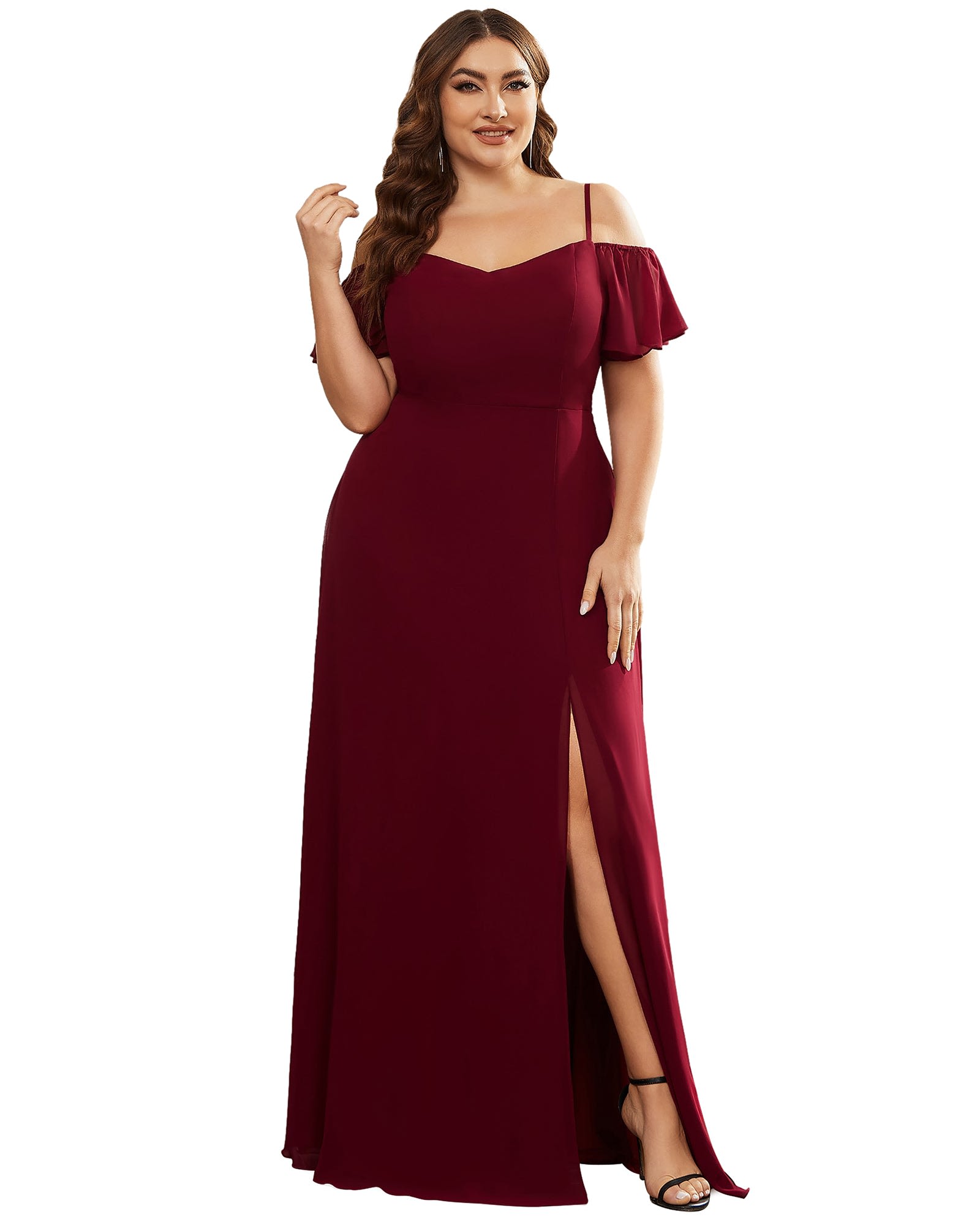 Stylish Cold Shoulder Flare Sleeves Flowy Bridesmaid Dress | Burgundy