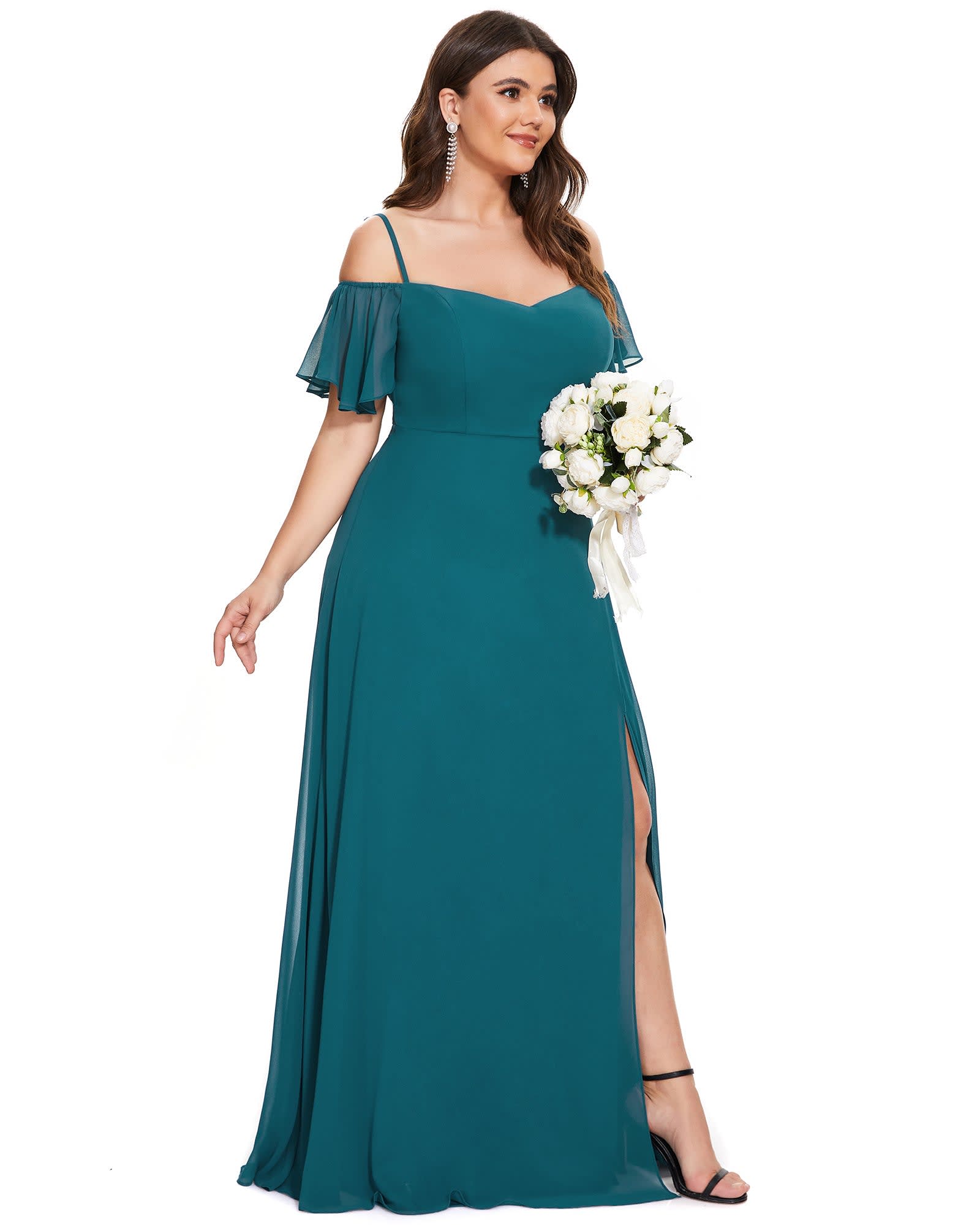 Stylish Cold Shoulder Flare Sleeves Flowy Bridesmaid Dress | Teal