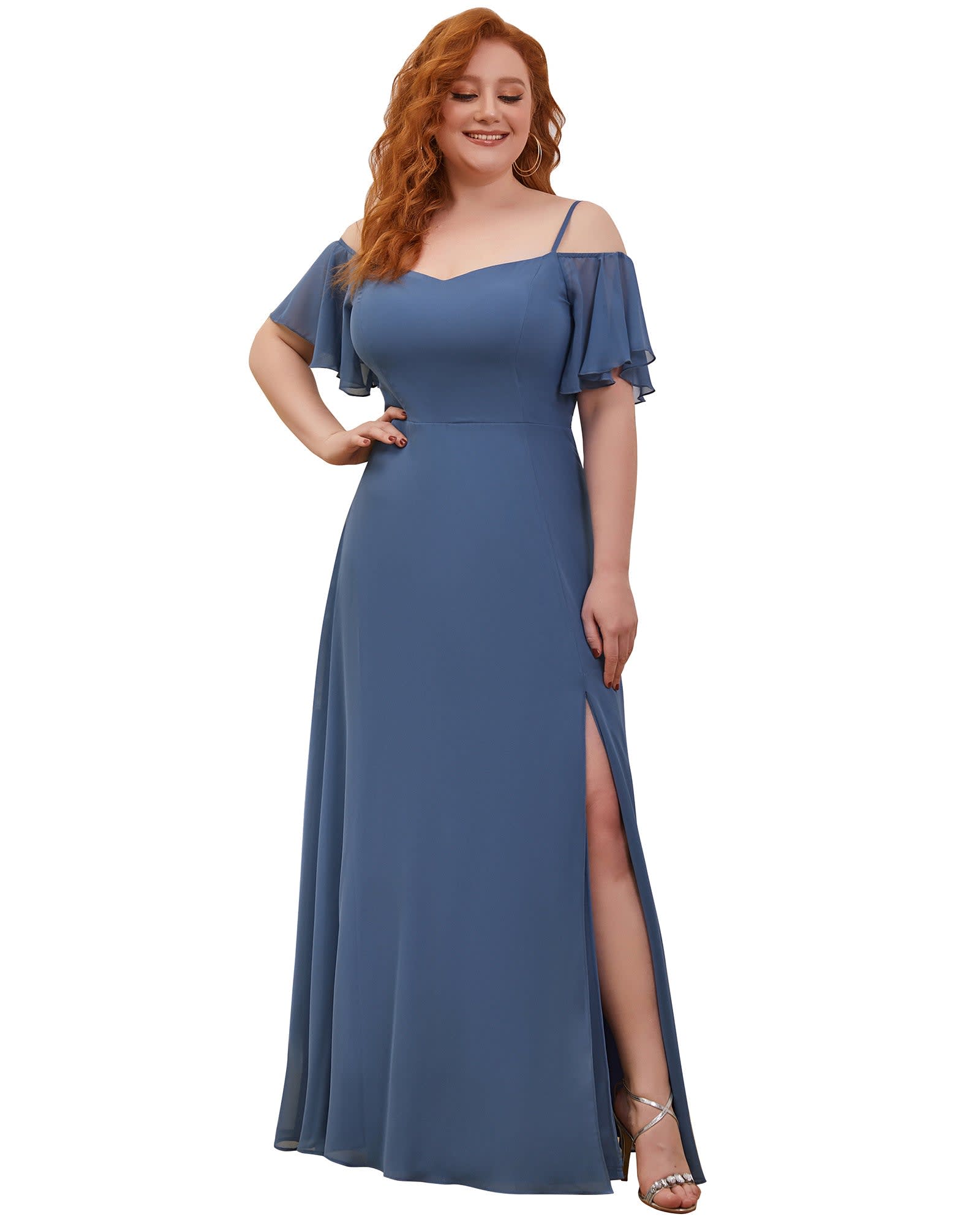 Stylish Cold Shoulder Flare Sleeves Flowy Bridesmaid Dress | Dusty Navy