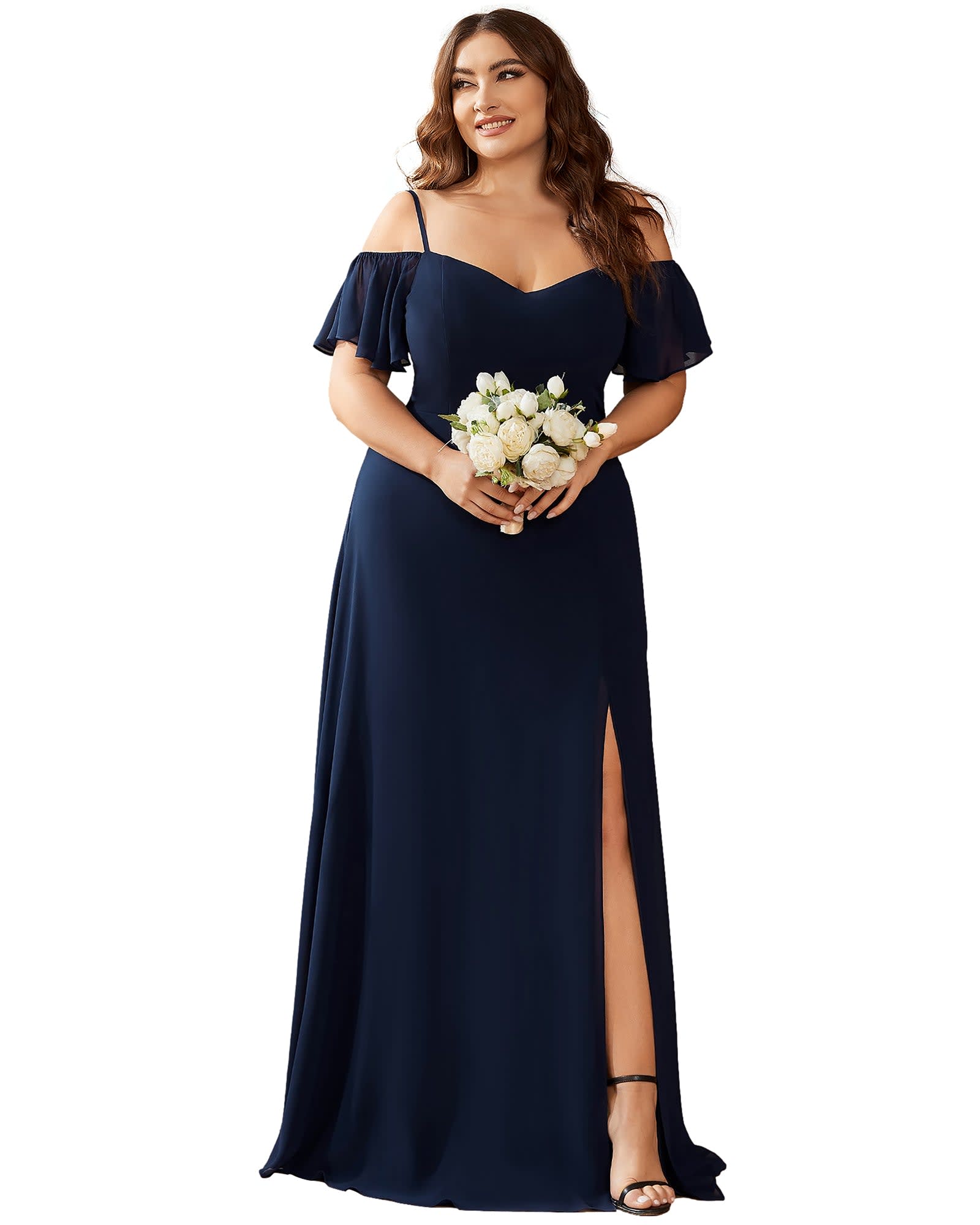 Stylish Cold Shoulder Flare Sleeves Flowy Bridesmaid Dress | Navy Blue