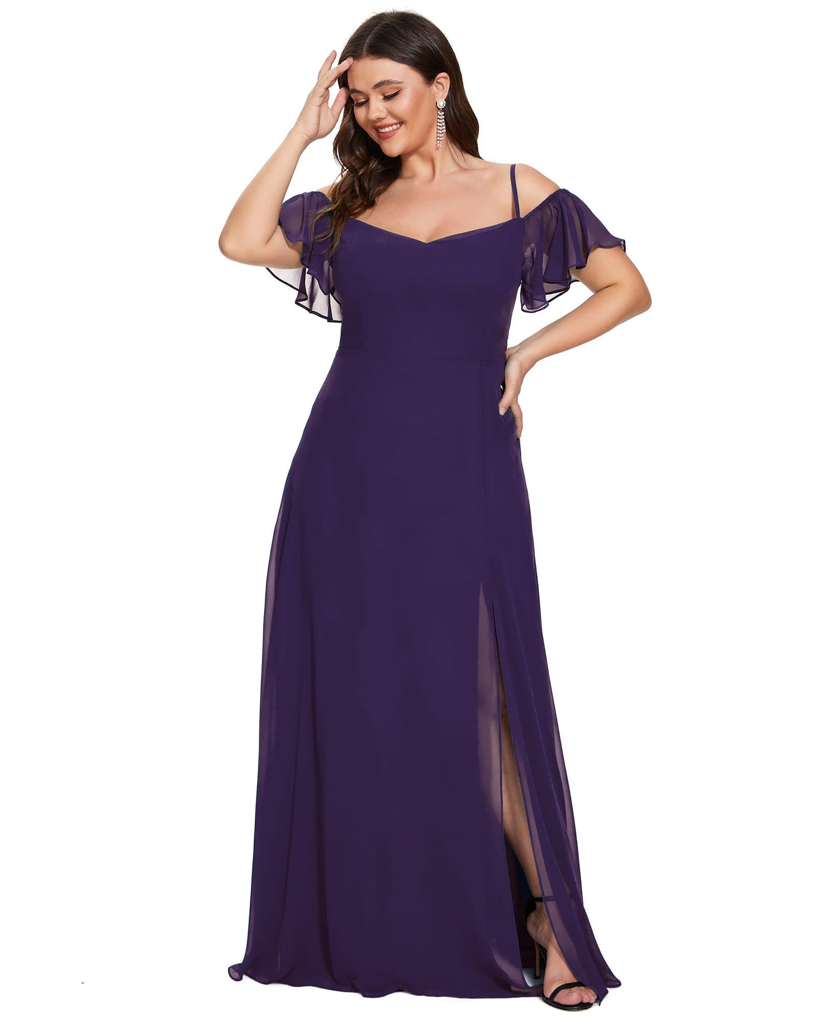 Stylish Cold Shoulder Flare Sleeves Flowy Bridesmaid Dress | Dark Purple