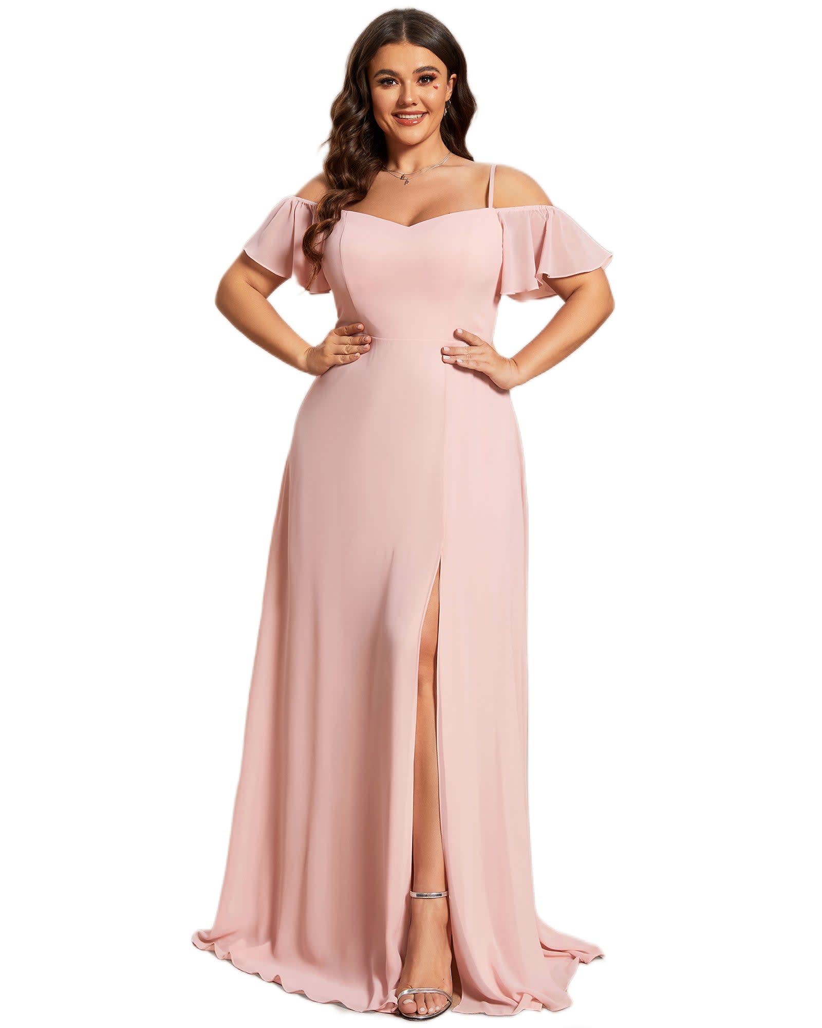 Stylish Cold Shoulder Flare Sleeves Flowy Bridesmaid Dress | Pink