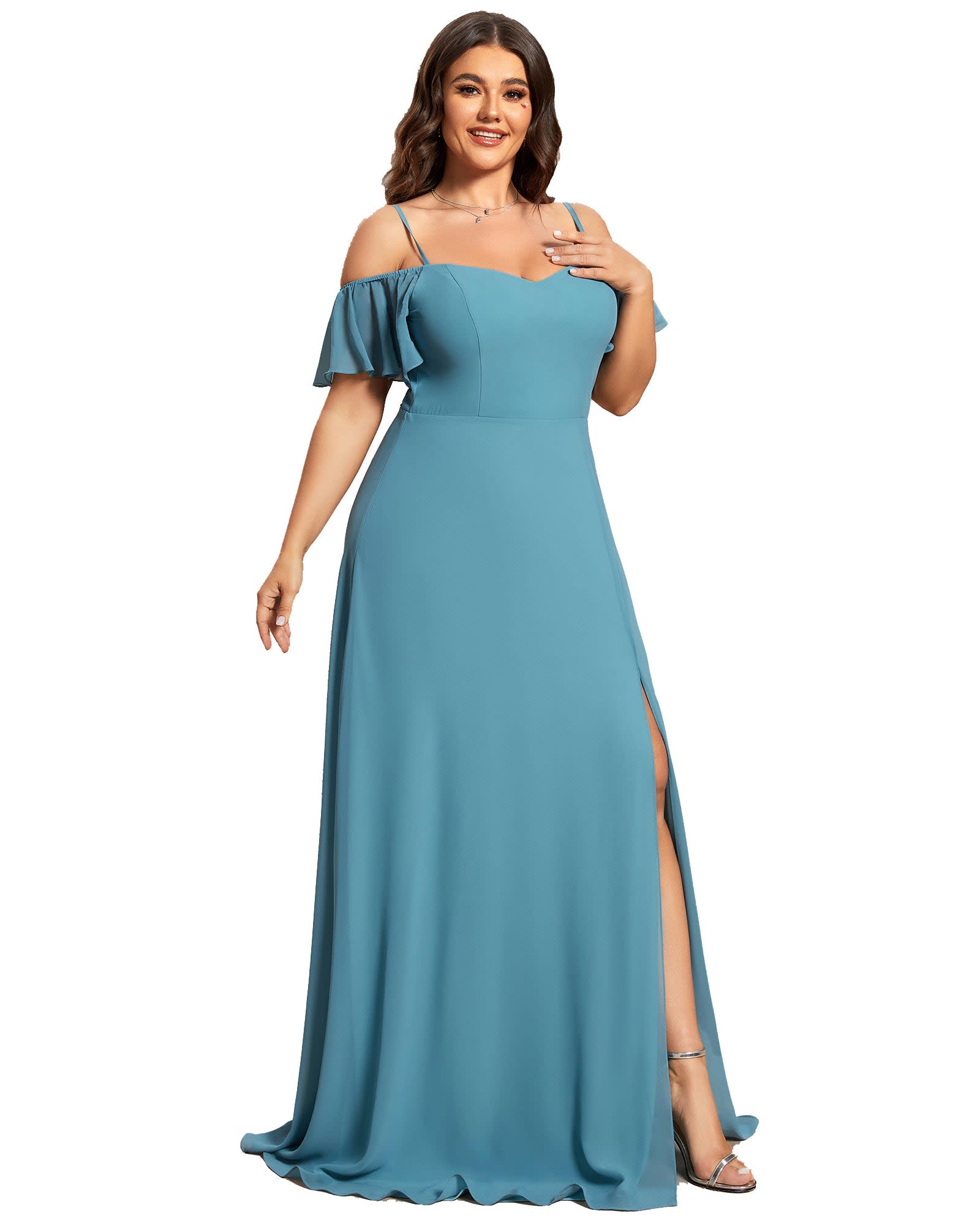 Stylish Cold Shoulder Flare Sleeves Flowy Bridesmaid Dress | Dusty Blue
