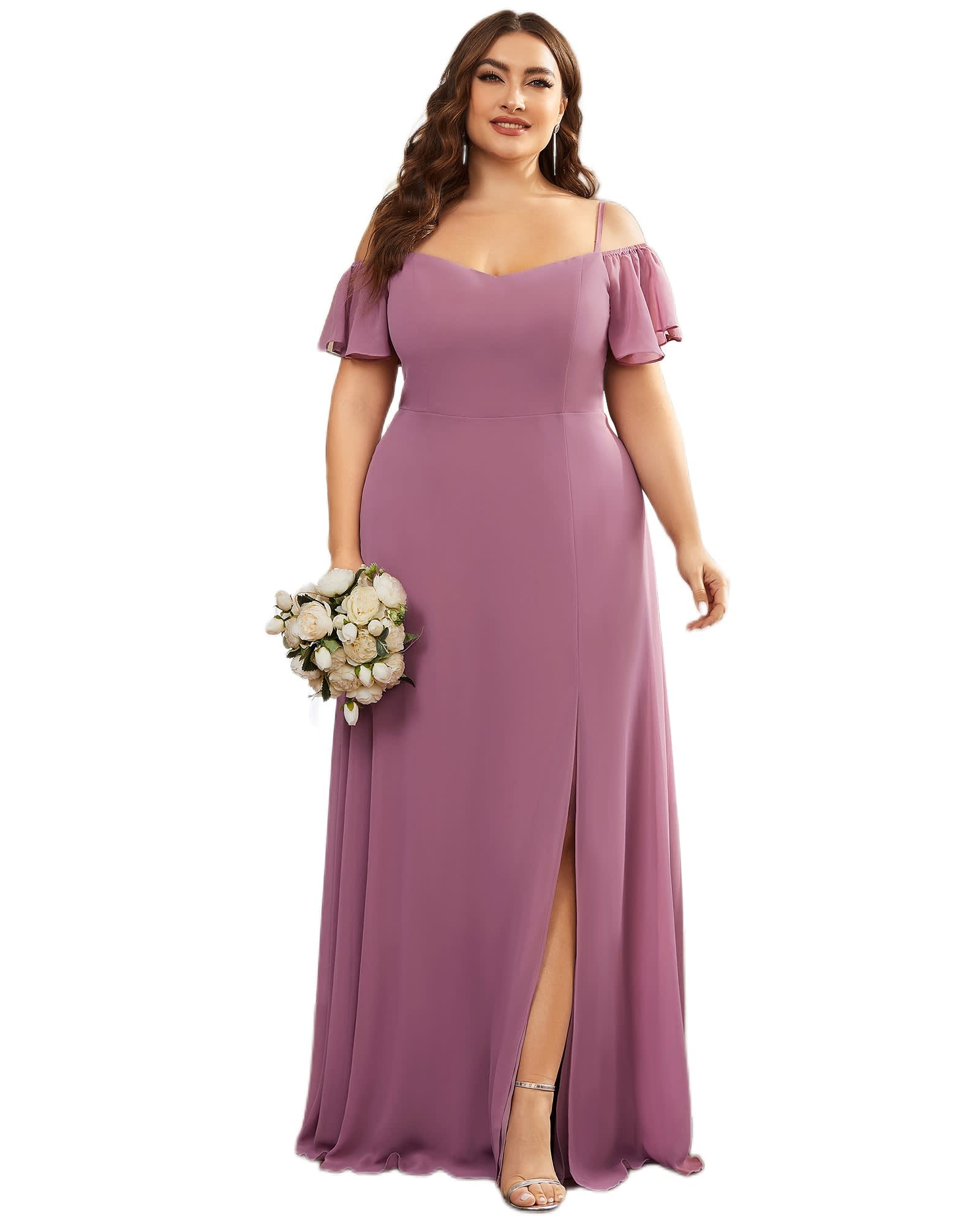 Stylish Cold Shoulder Flare Sleeves Flowy Bridesmaid Dress | Purple Orchid