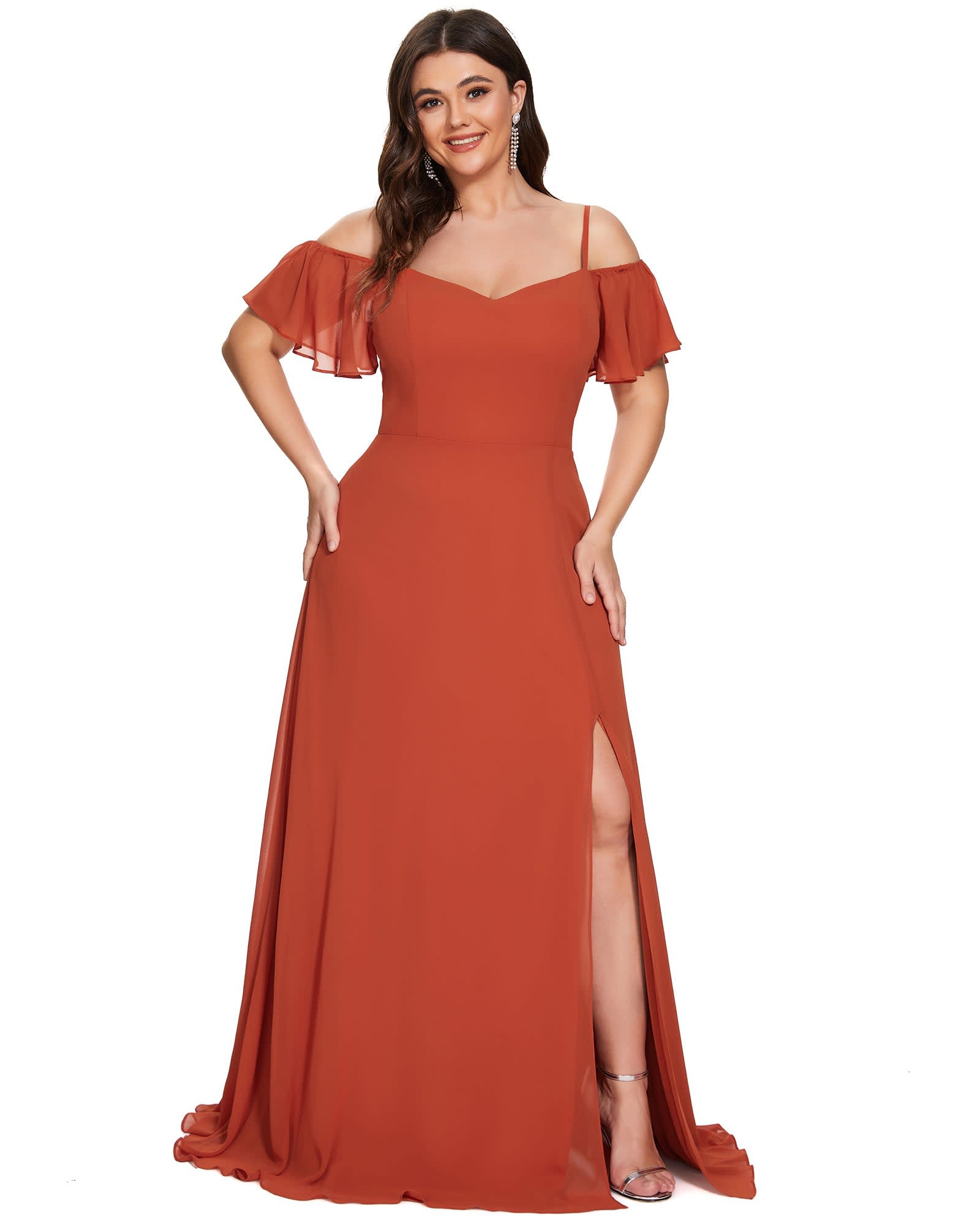Stylish Cold Shoulder Flare Sleeves Flowy Bridesmaid Dress | Burnt Orange