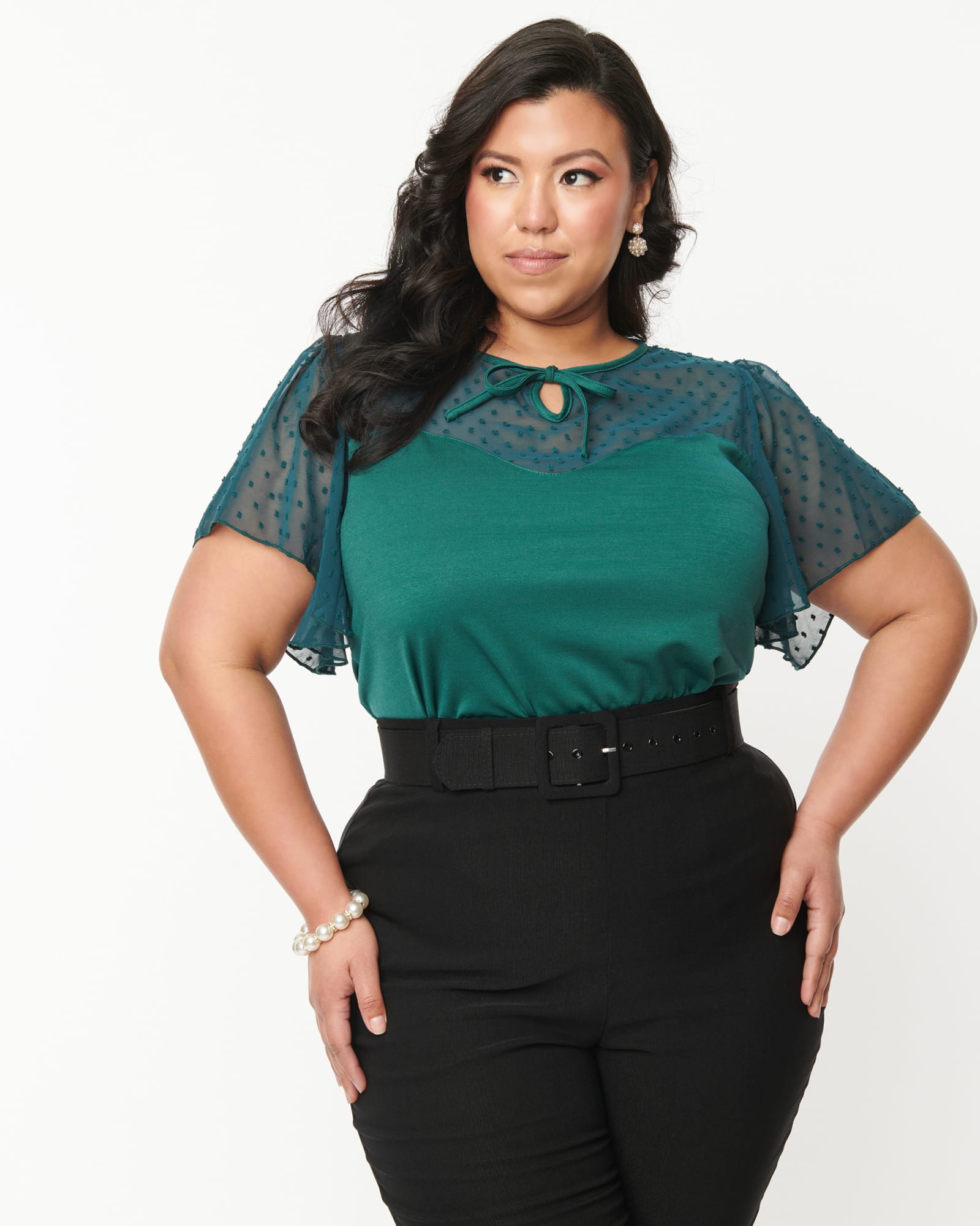 Unique Vintage Green Clipdot Flutter Sleeve Sweetheart Top | Green Clipdot