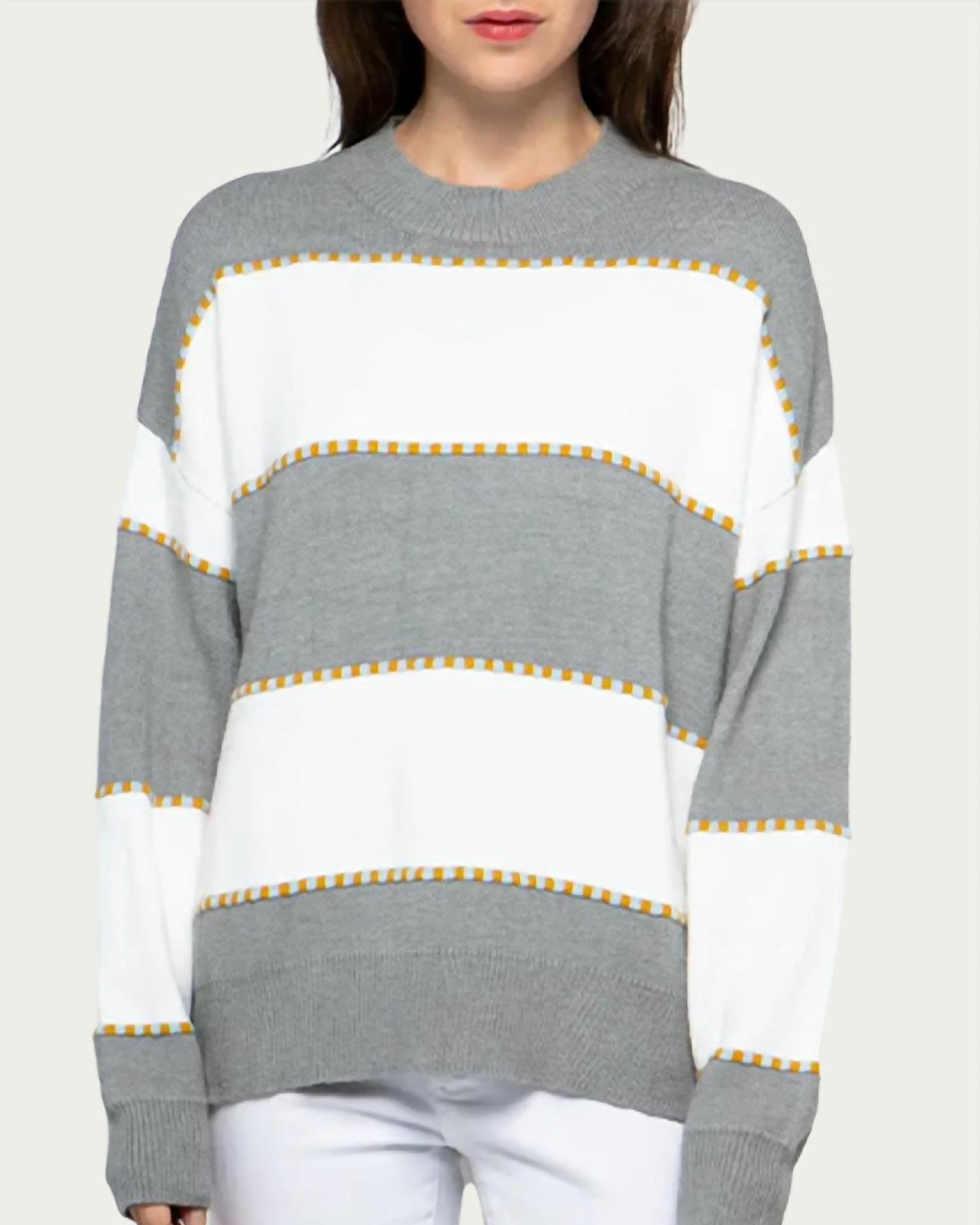 Two-Tone Striped Crewneck Sweater in Heather Grey | Heather Grey