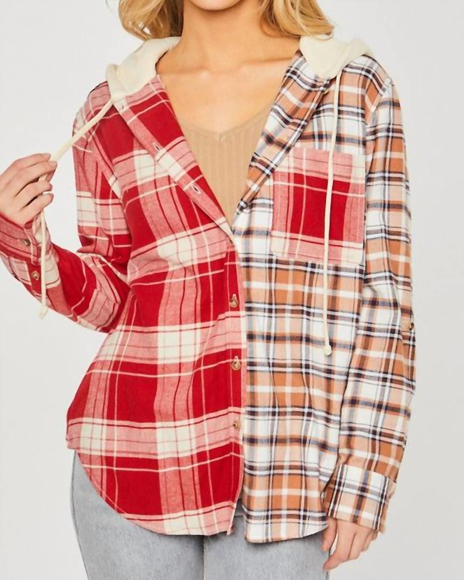 Two Tone Hooded Flannel Shirt in Red | Red