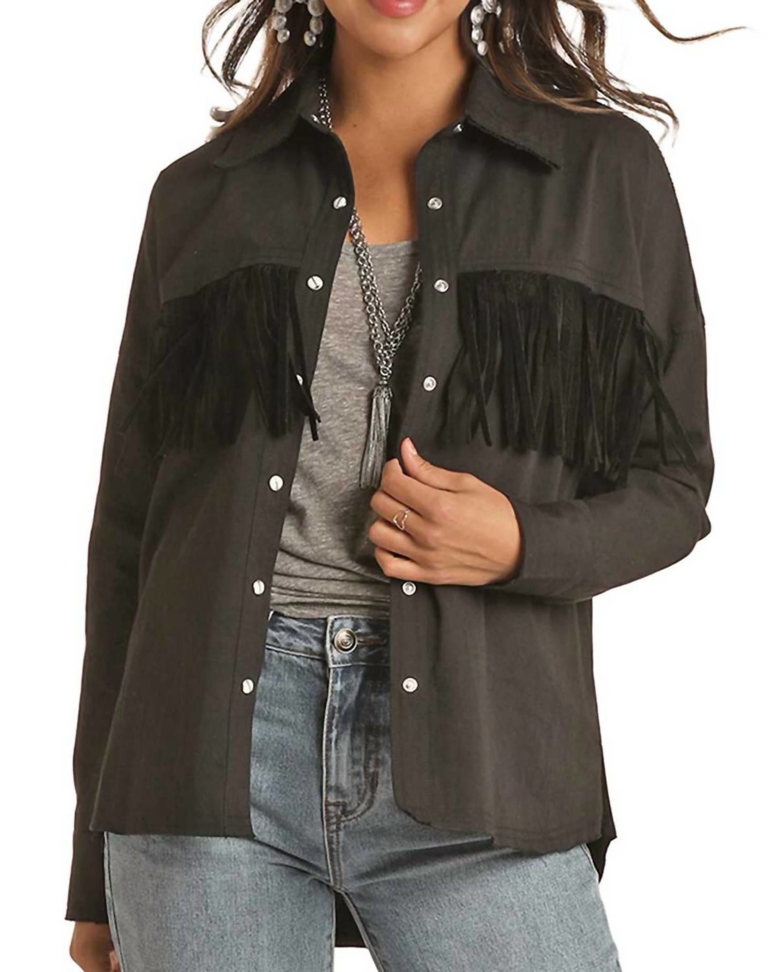 Women'S Twill Shirt With Suede Fringe in Black | Black