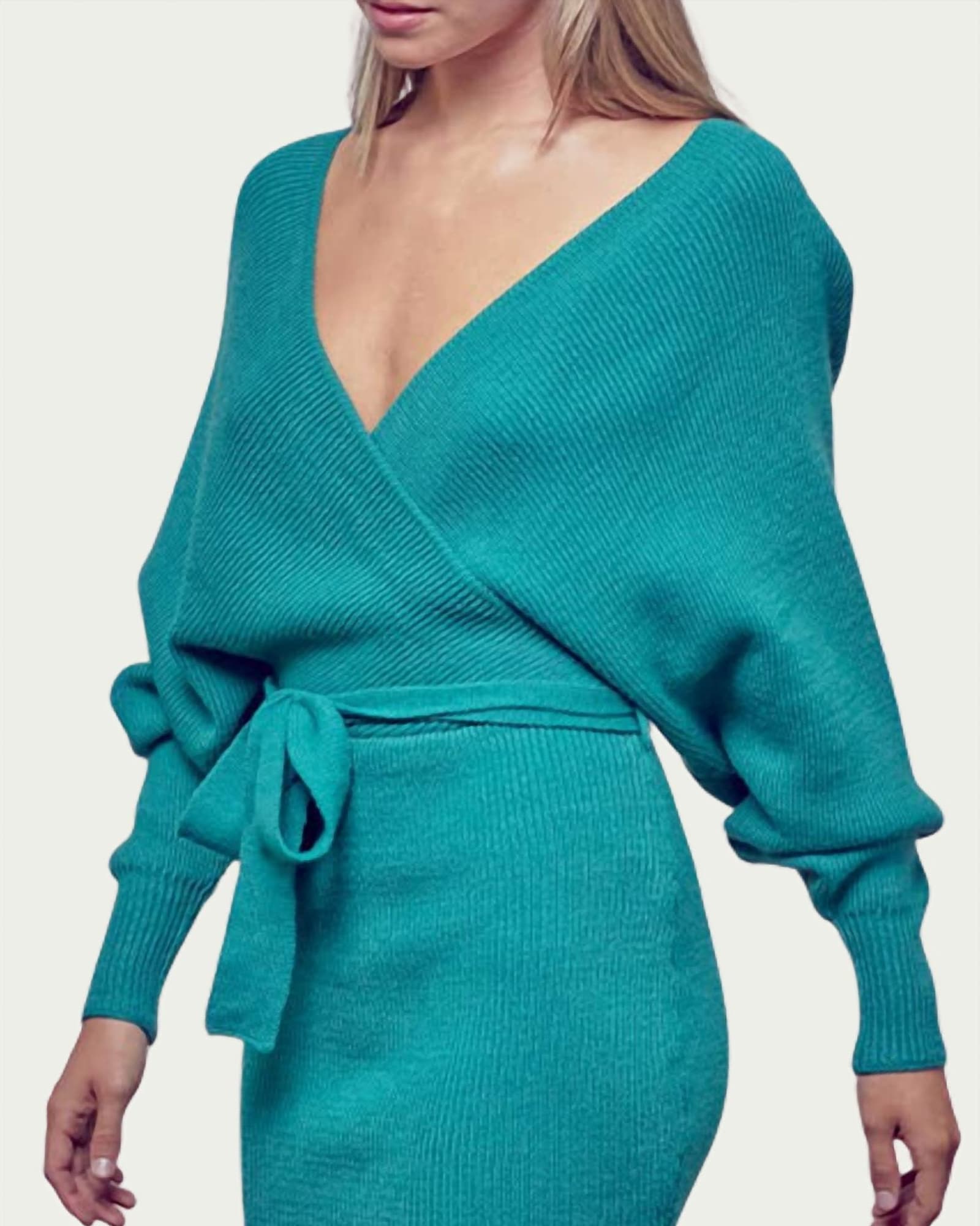 Wrap-Effect Ribbed-Knit Mini Dress in Jade | Jade