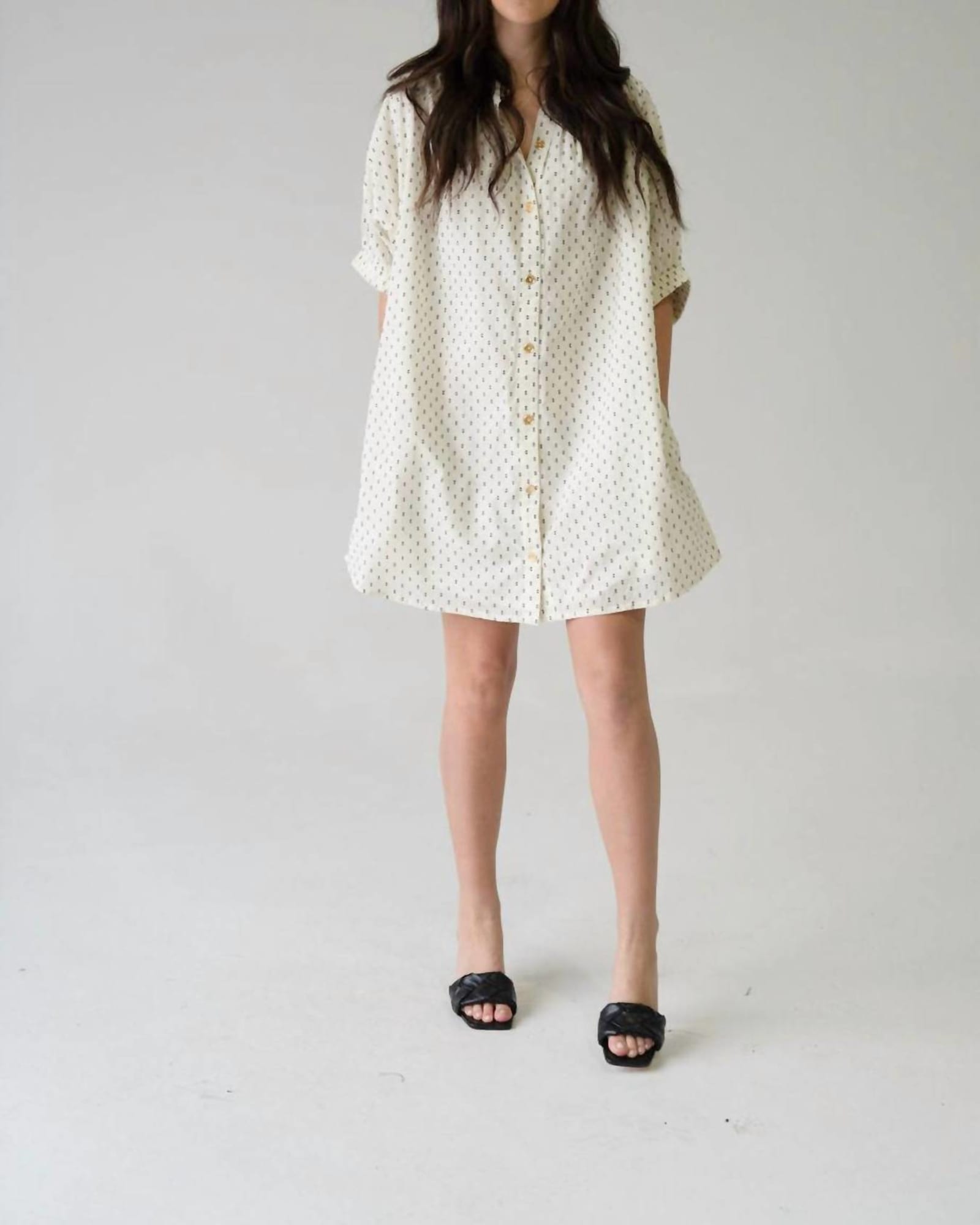 Elastic Sleeve Dress In Ivory Swiss Dot | Ivory Swiss Dot