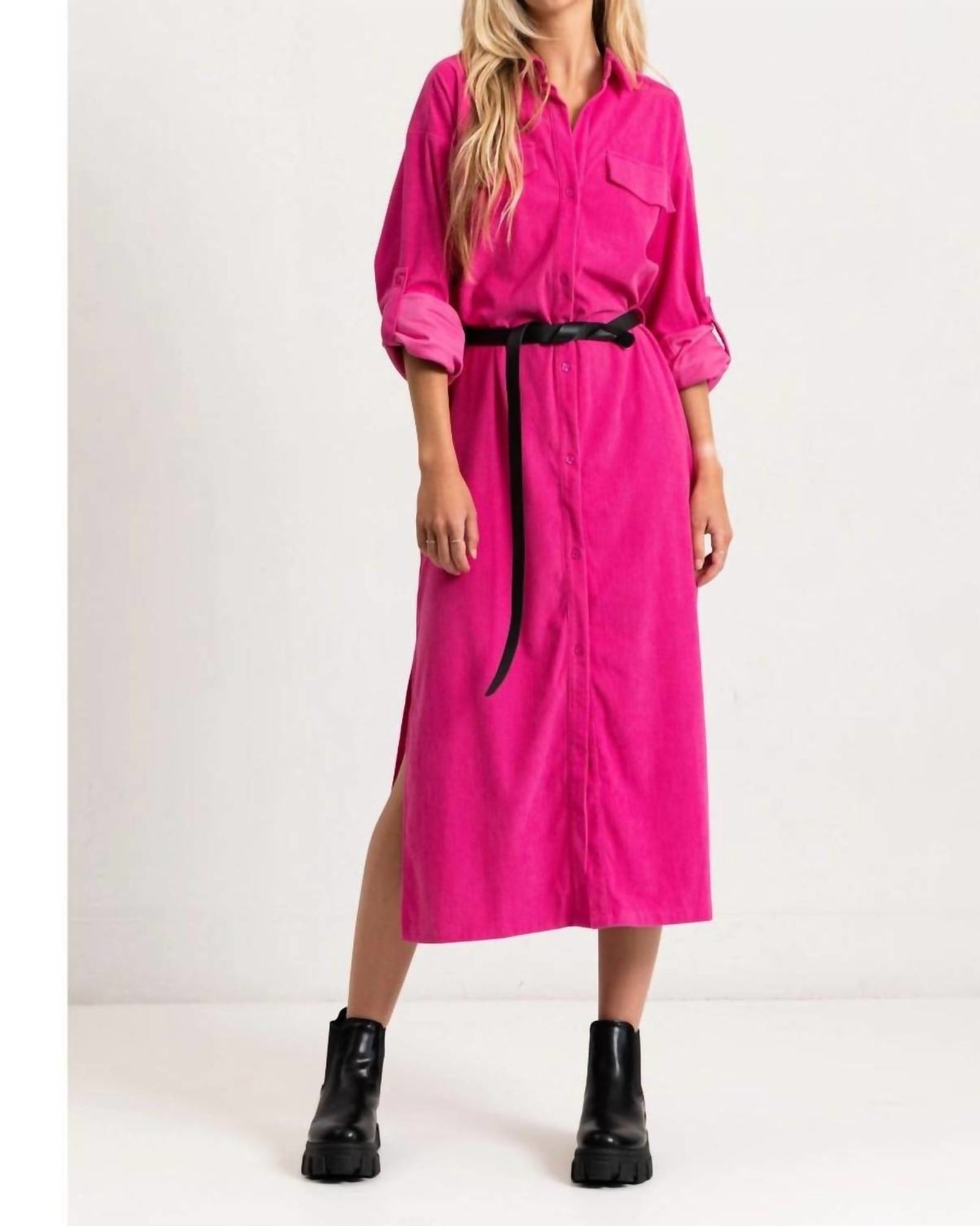 Corduroy Roll Up Sleeve Shirt Dress In Pink | Pink