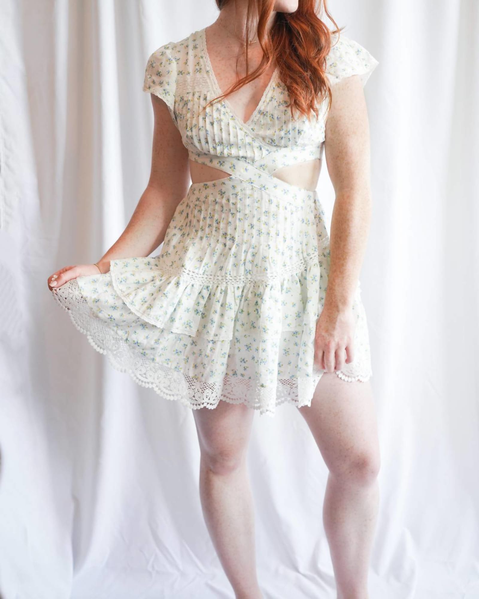 Lace Flutter Sleeve Mini Dress In White | White