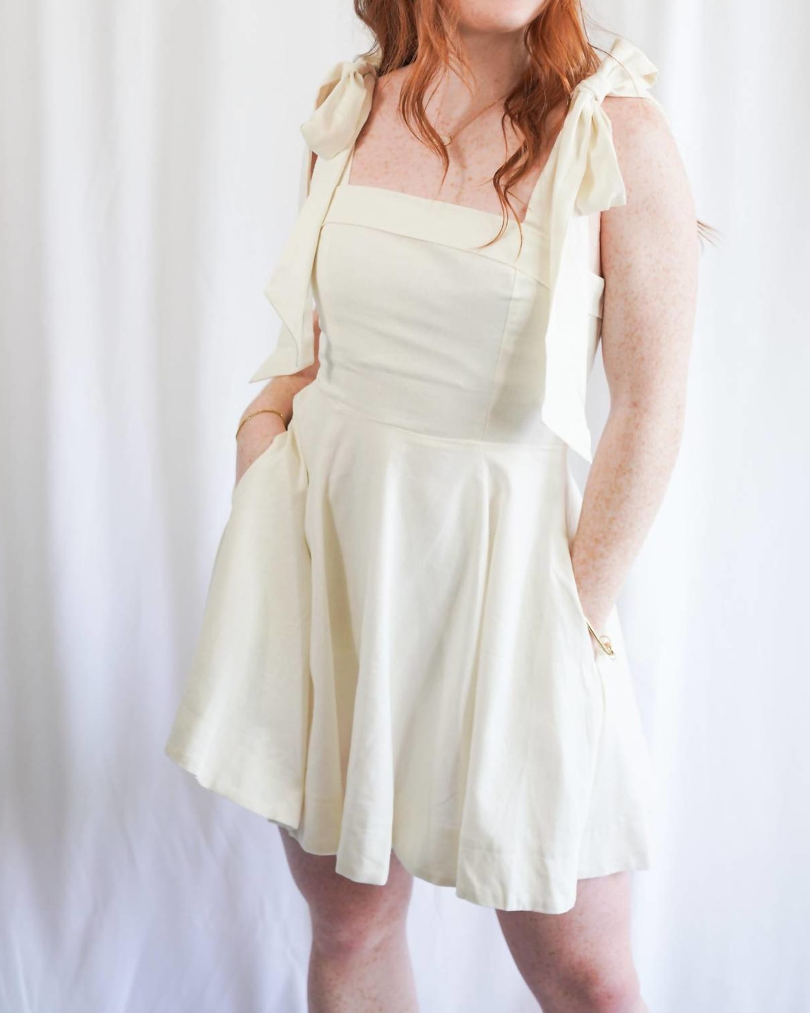 Linen Shoulder Tie Mini Dress In White | White