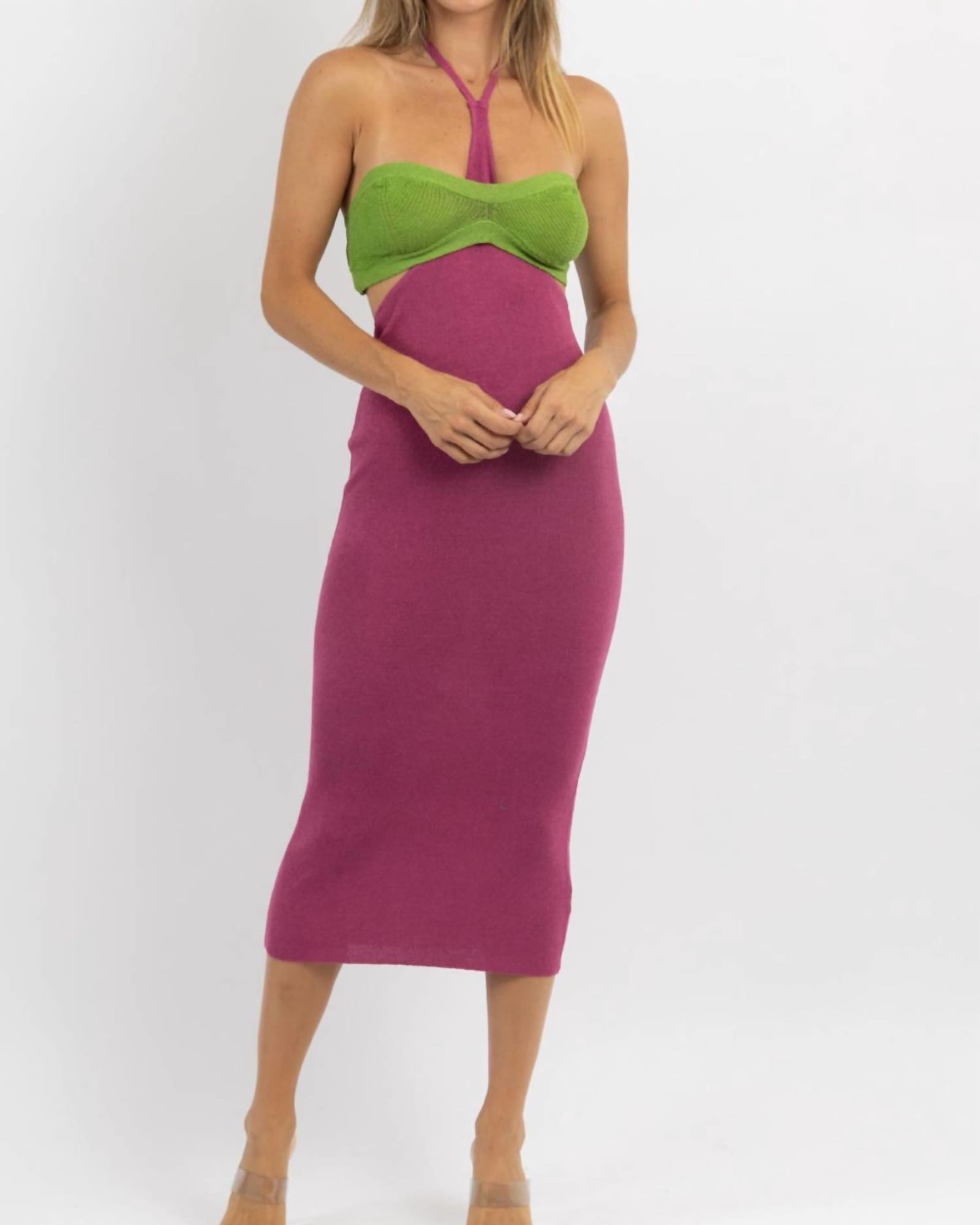 Osaka Halter Neck Midi Dress In Purple & Green | Purple & Green