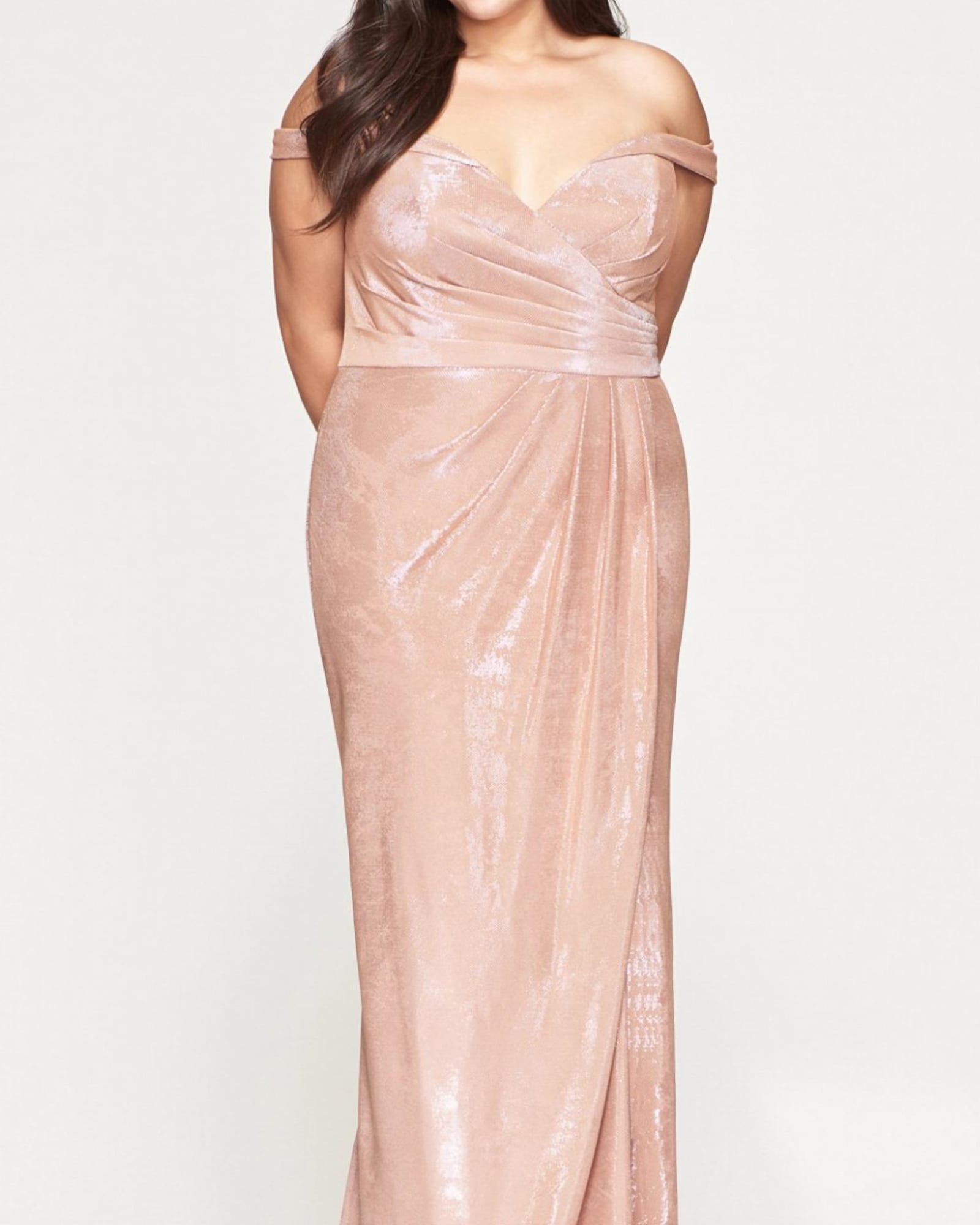 Off The Shoulder Metallic Gown In Rose Gold | Rose Gold