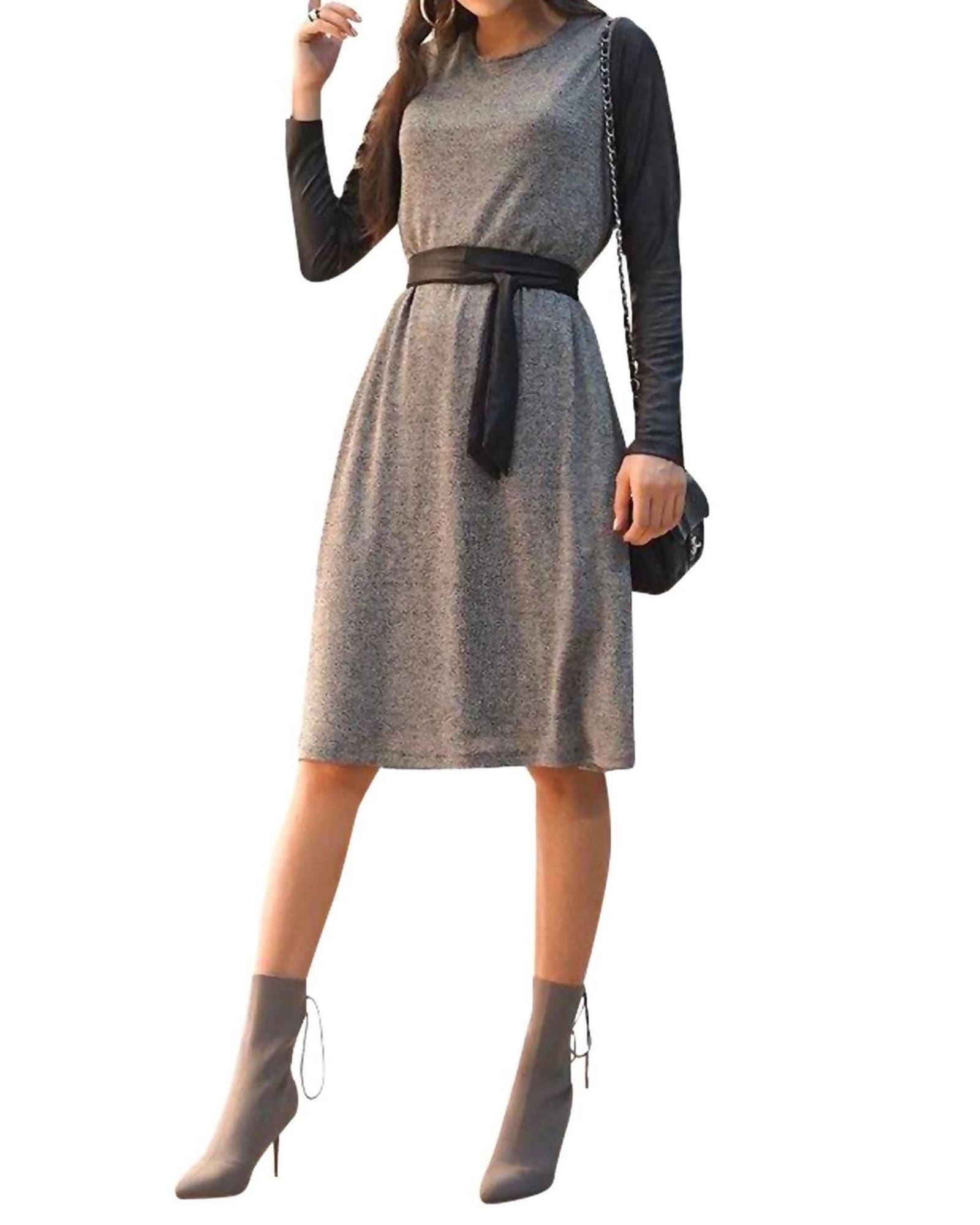 Leather Sleeve Dress In Black And Grey | Black And Grey