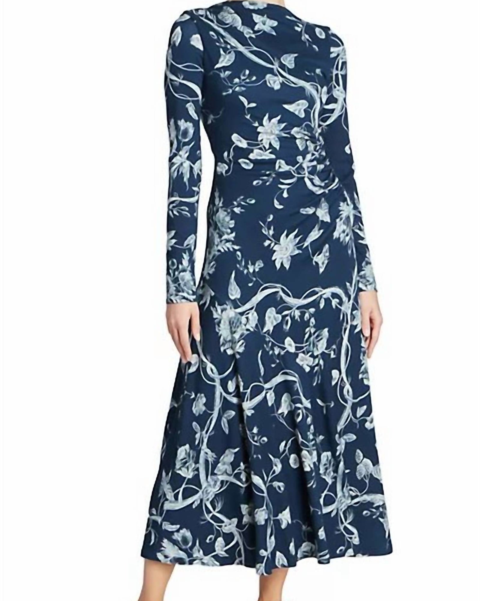Long Sleeve Floral Jersey Midi Dress With Drawstring In Indigo | Indigo