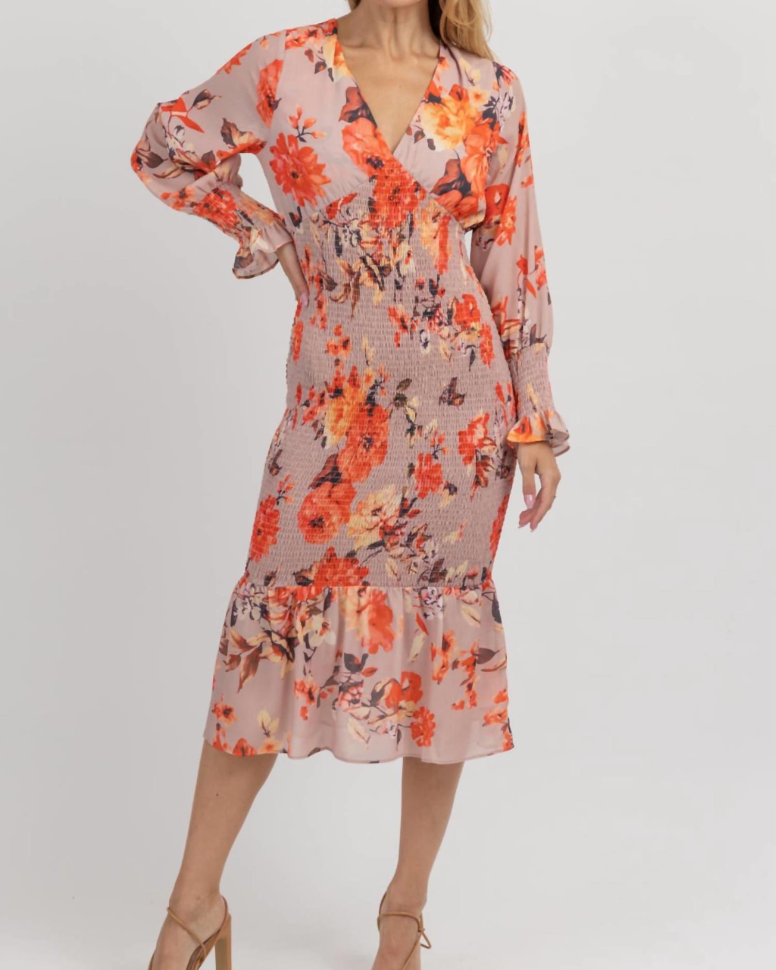 Floral Puff Smock Maxi Dress In Coral | Coral