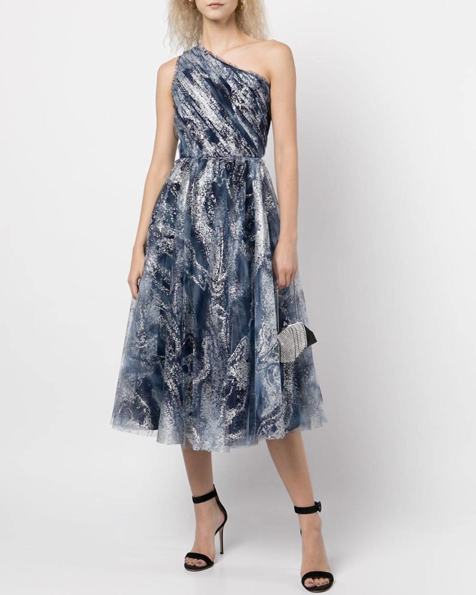 One-Shoulder Tulle Tea-Length Gown In Navy | Navy