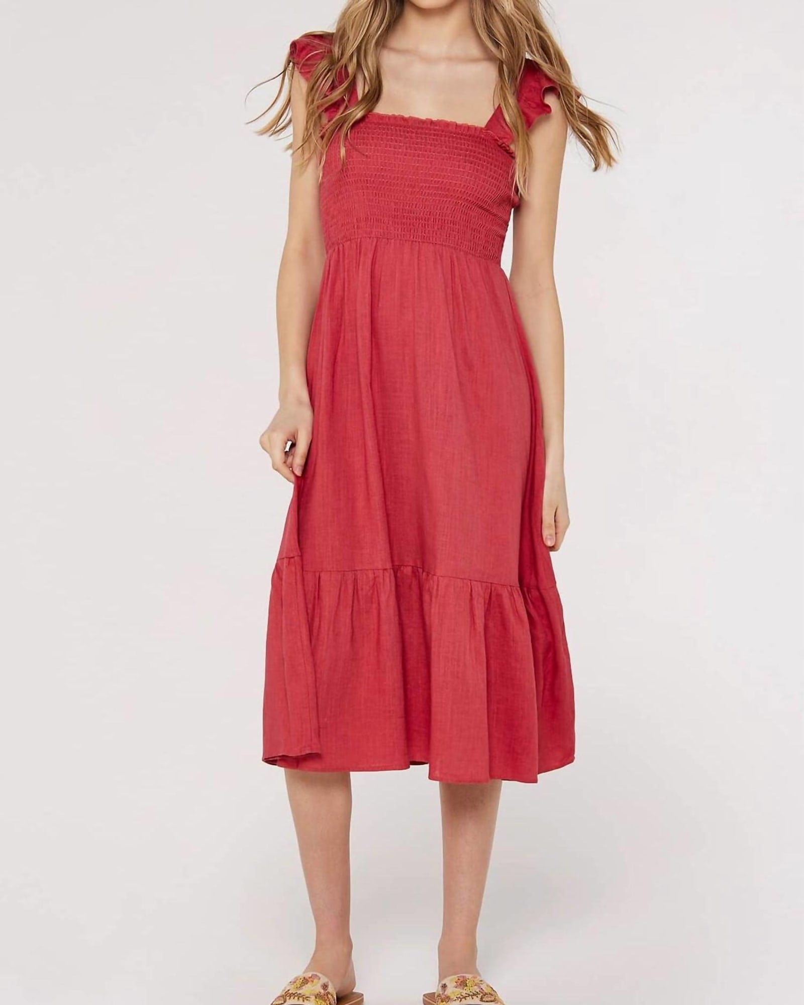 Linen Smock Midi Dress In Red/Pink | Red/Pink