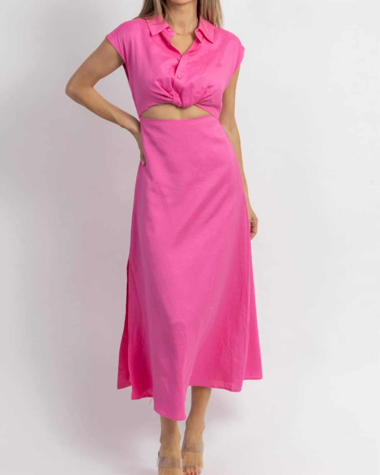 Jacey Button Down Midi Dress In Pink | Pink