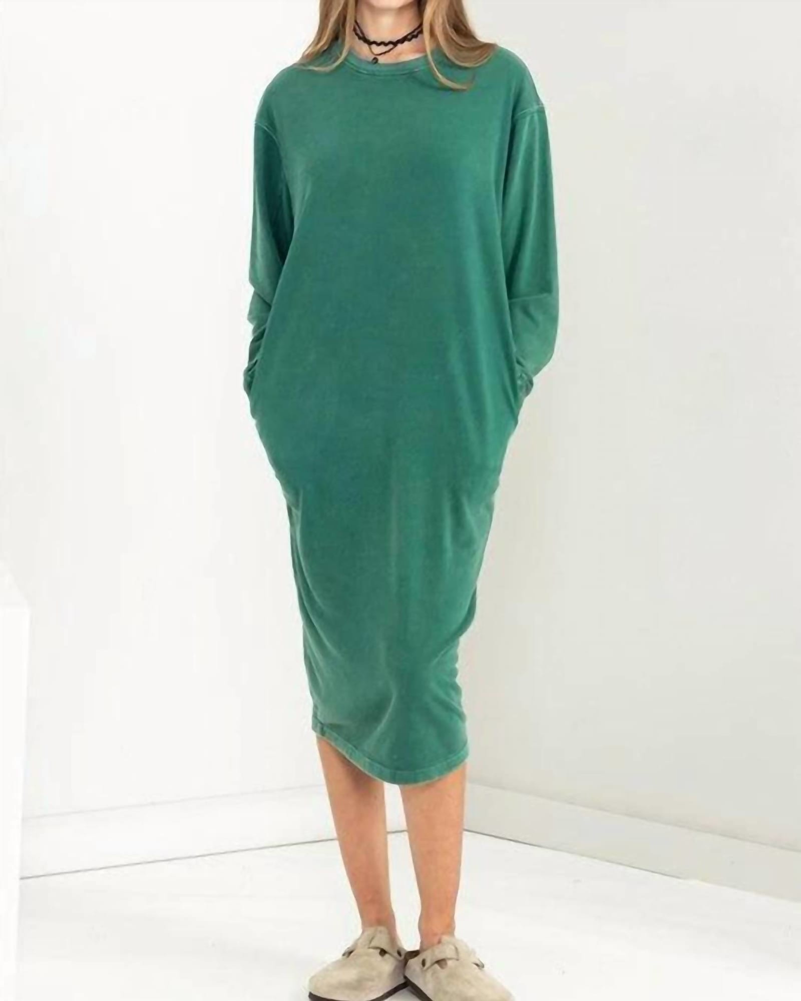 Long Sleeve Midi Sweatshirt Dress In Pine Green | Pine Green