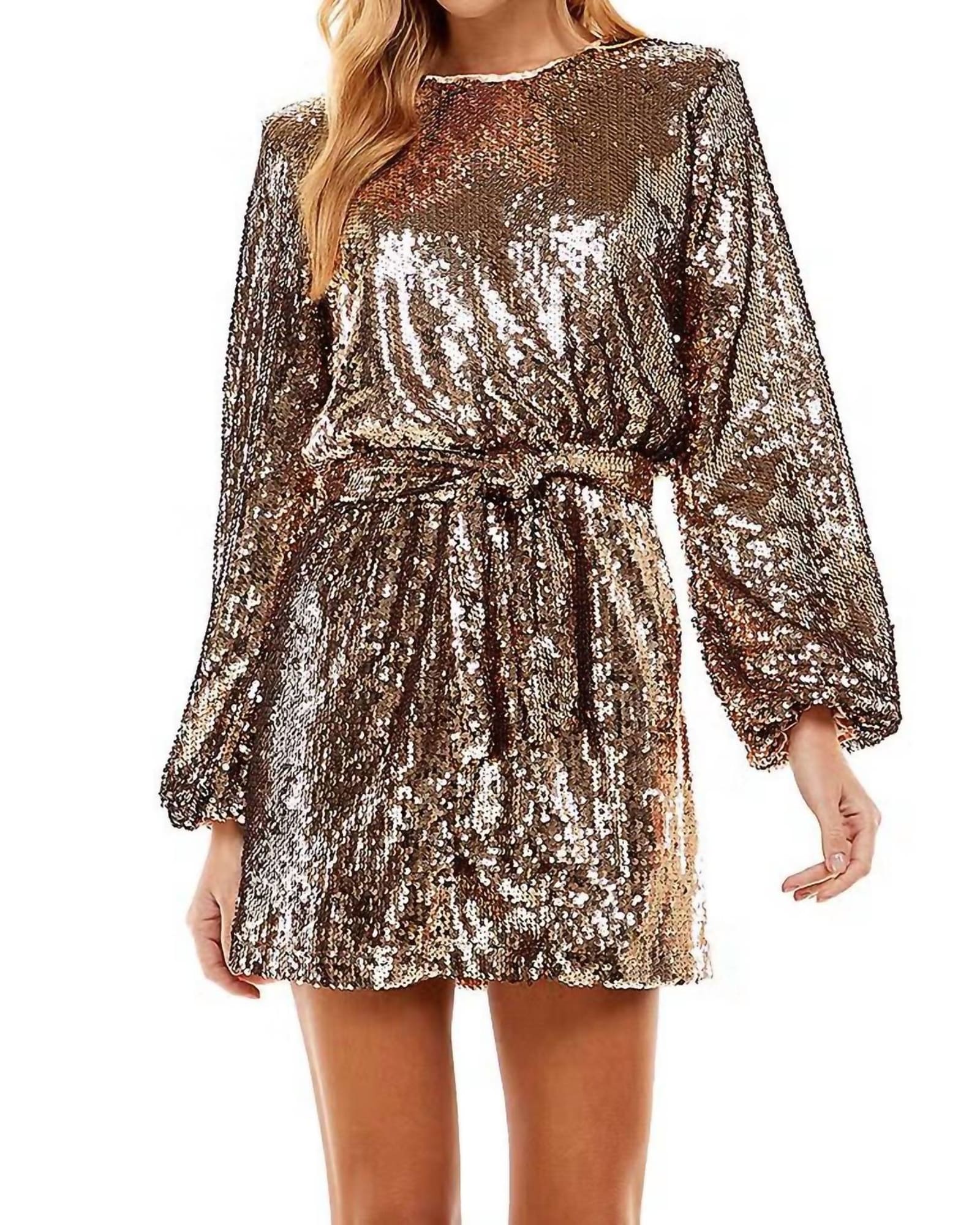 Into The Night Sequin Belted Mini Dress In Copper | Copper