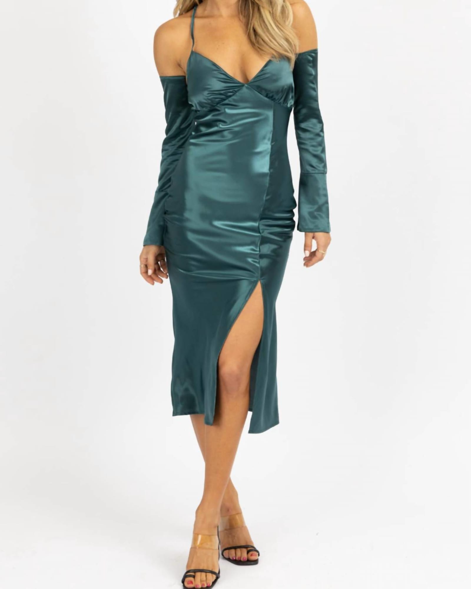 Satin Maxi Dress W/ Long Cuff-Sleeve In Emerald | Emerald