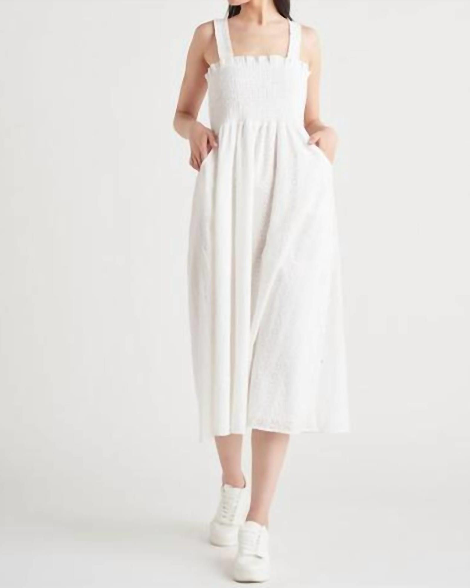 Smocked Eyelet Midi Dress In Ivory | Ivory