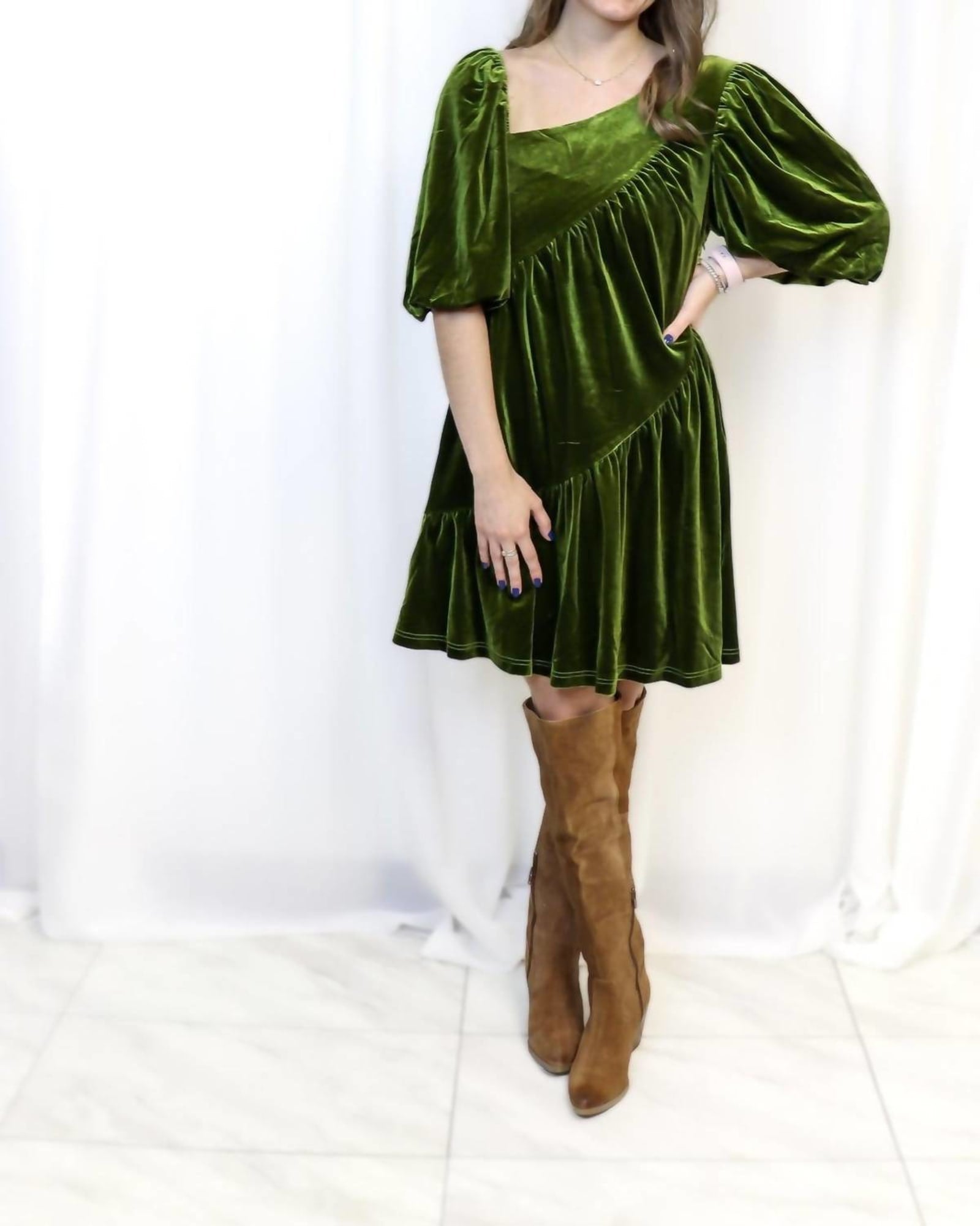 Shirred Velvet Dress In Green | Green