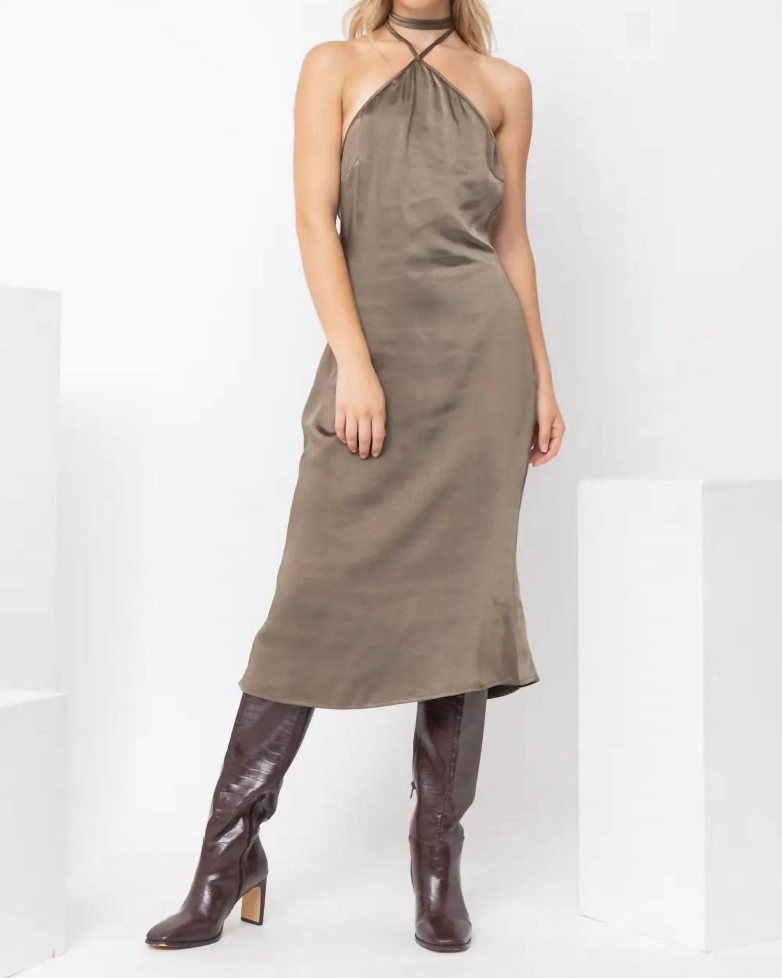 Satin Slip Dress In Dark Olive | Dark Olive