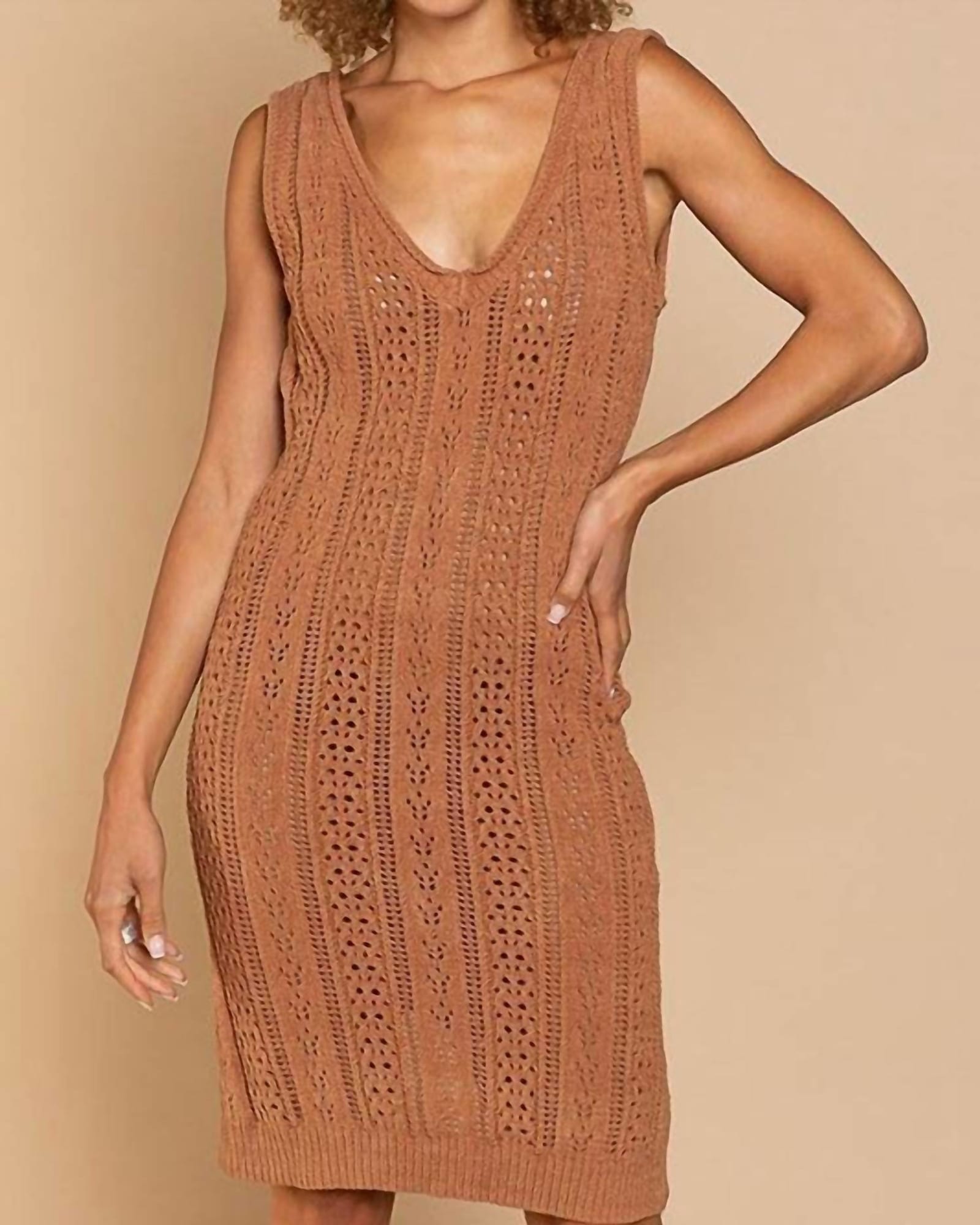 V-Neck Crochet Dress In Brown | Brown