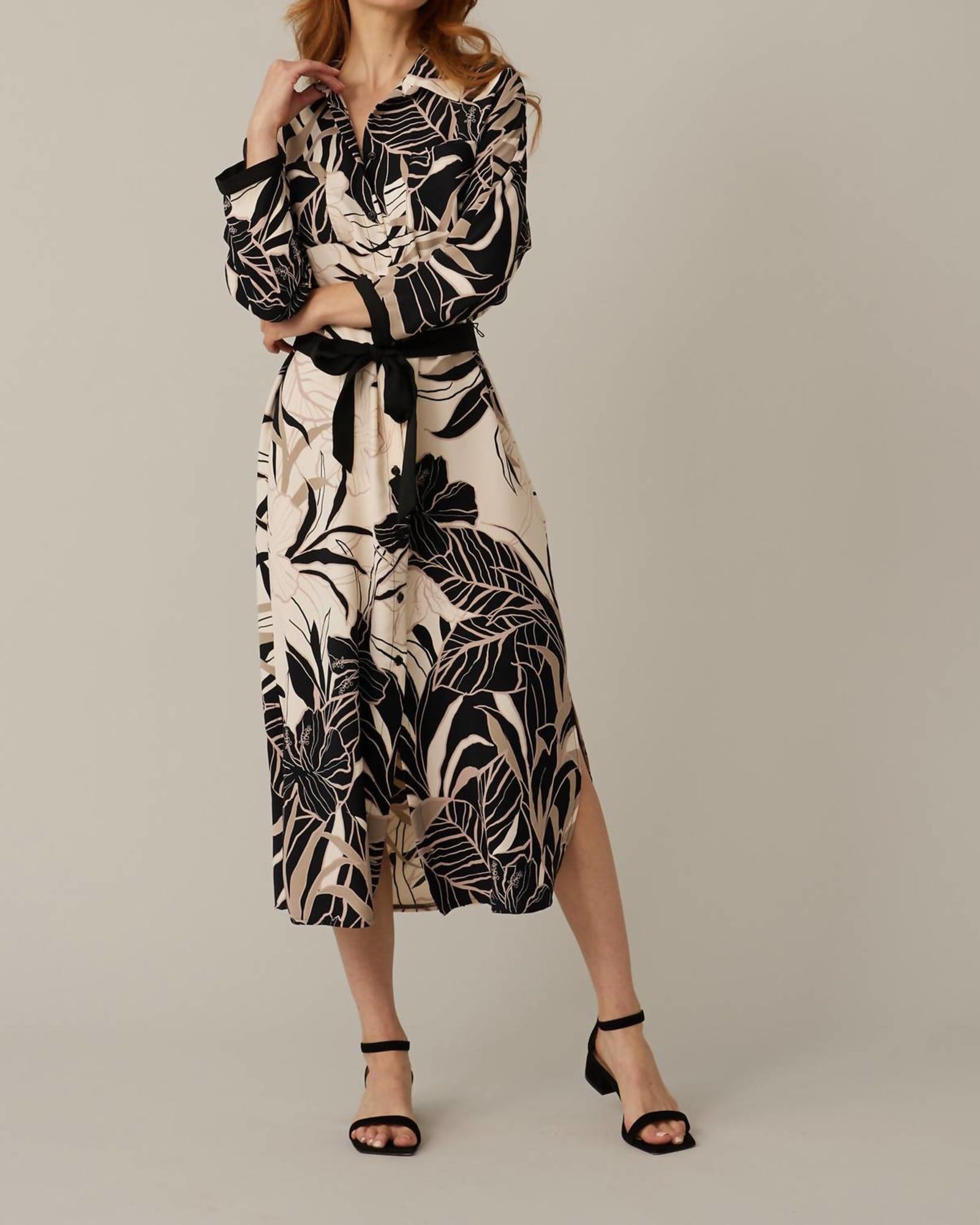 Tropical Print Dress In Beige/Black | Beige/Black