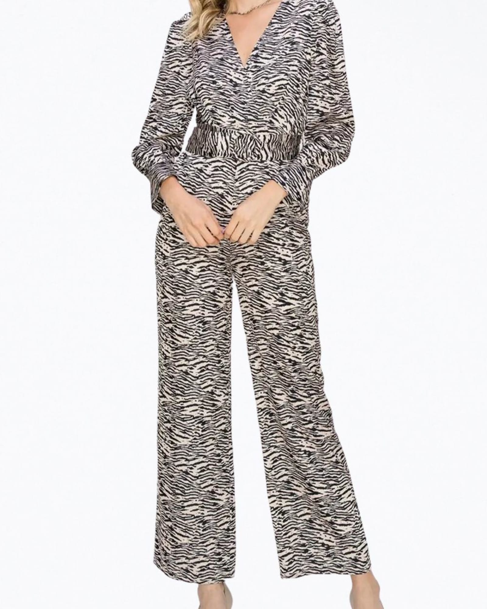 Toni Zebra-Print Belted Wrap-Effect Sateen Jumpsuit in Tan/Black | Tan/Black