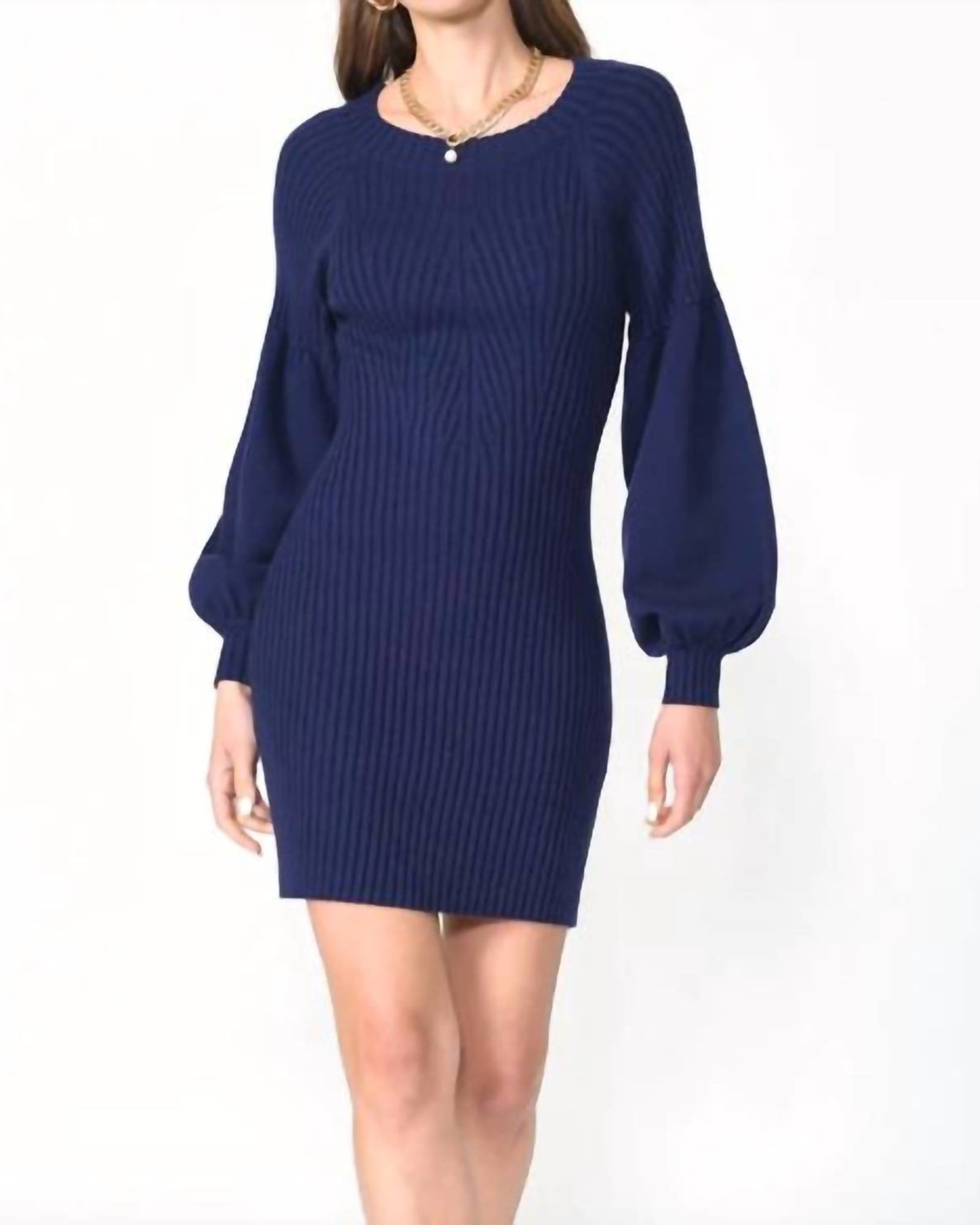 Mellie Ribbed Puff Sleeve Sweater Dress in Marine Blue | Marine Blue