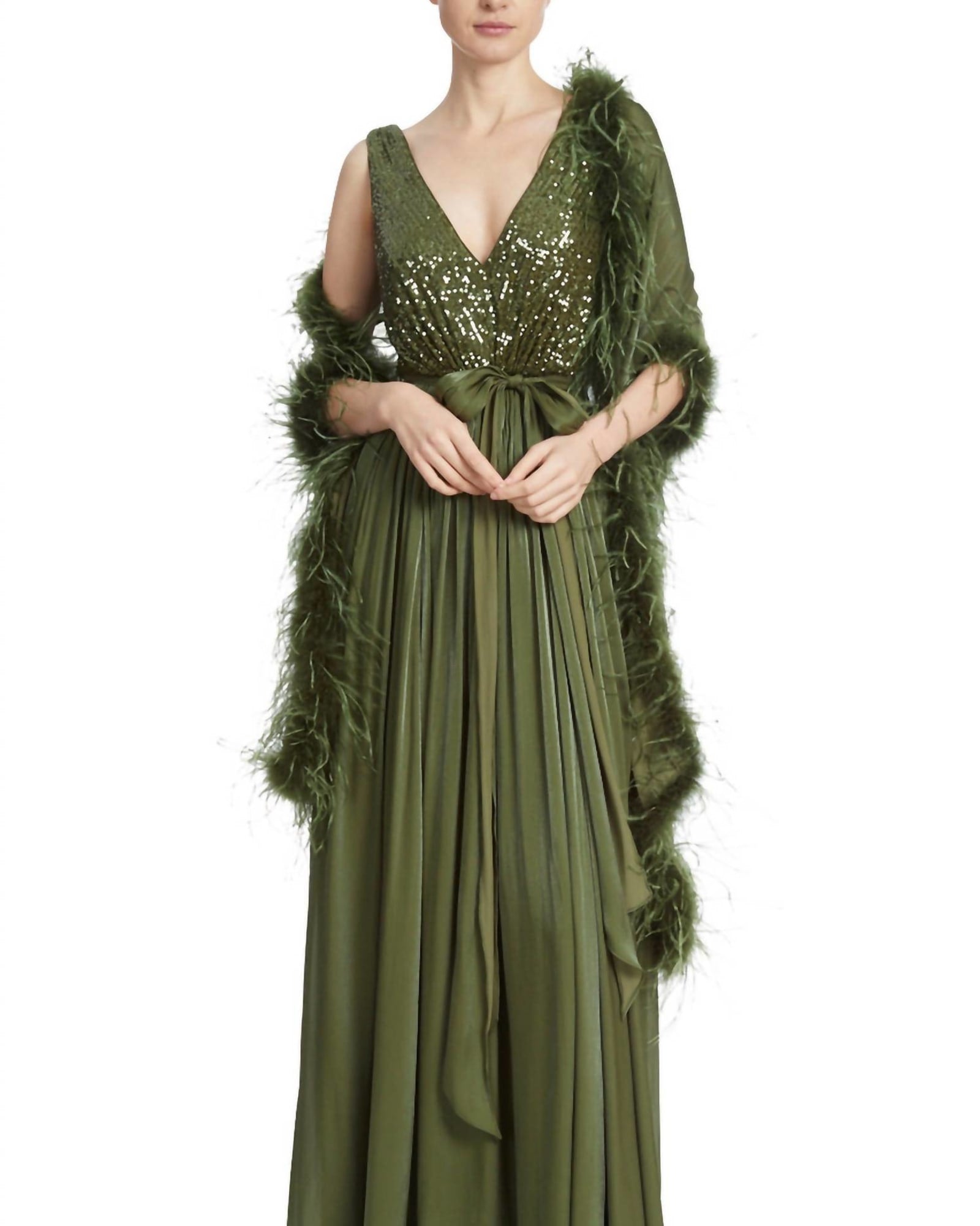 Sequin Feather Wrap Gown In Moss | Moss