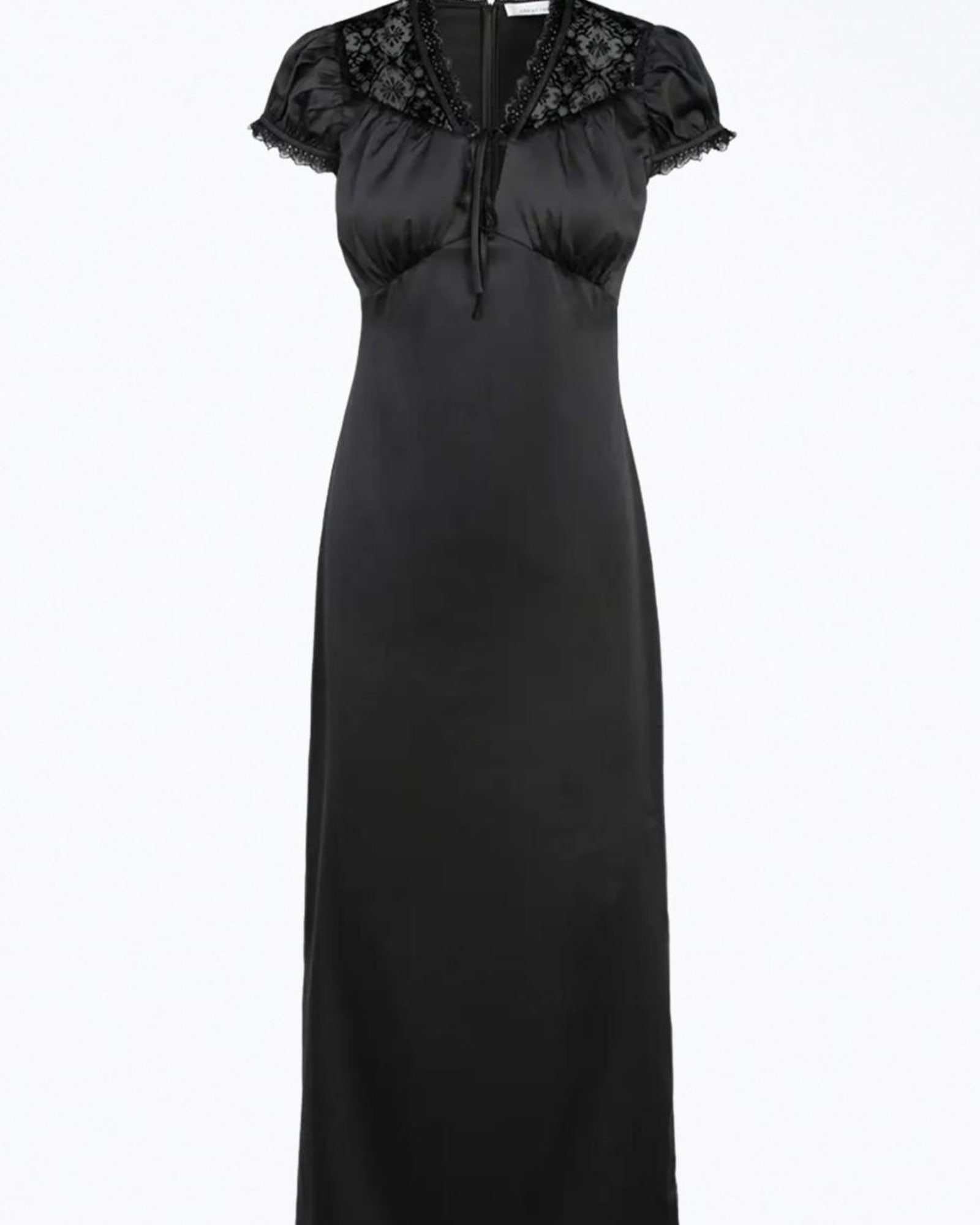 Lace-Trimmed Satin Midi Dress in Black | Black
